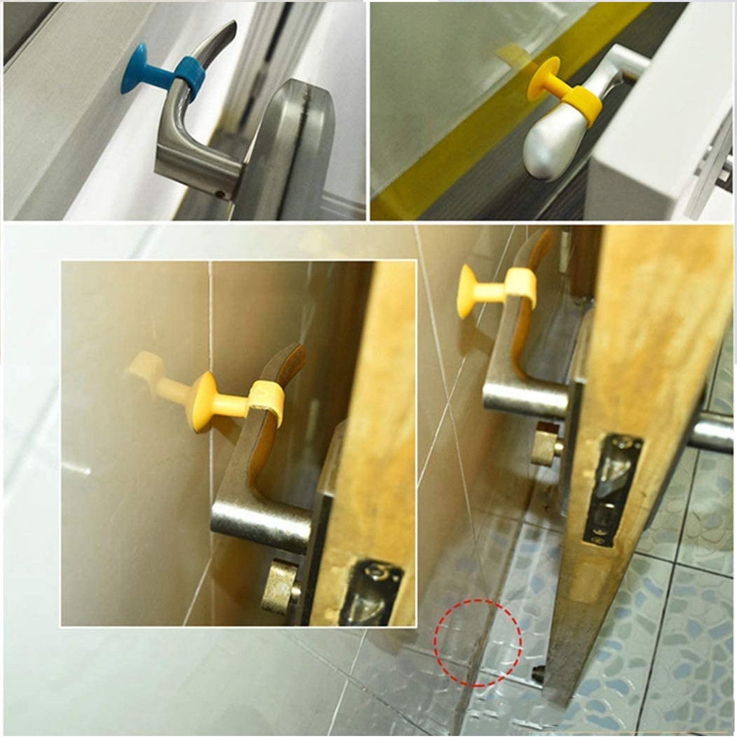 Two-piece silicone door stopper set packaged for home use.