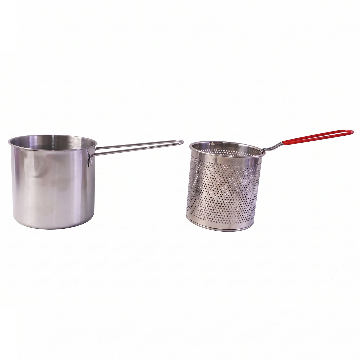 Frying set with pot and basket on white background