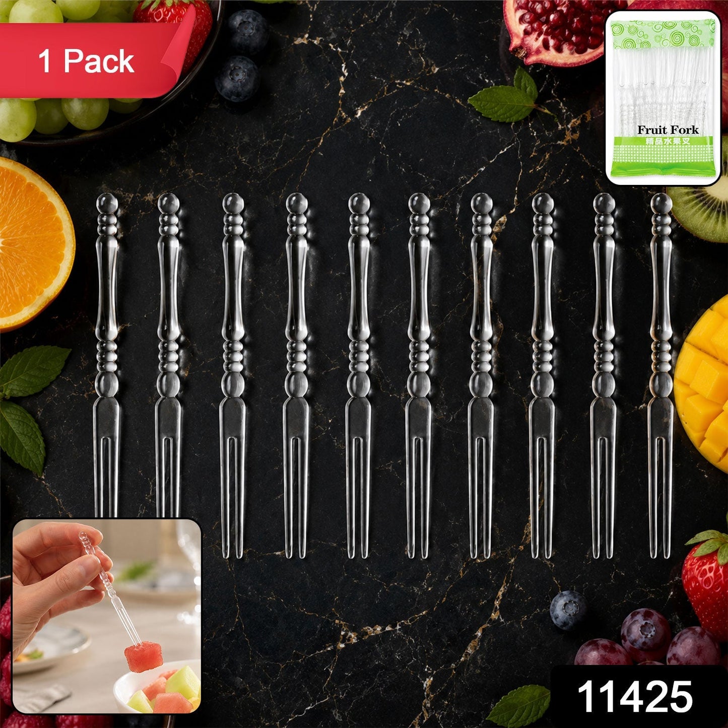 Pack of clear plastic fruit forks for snacks and desserts