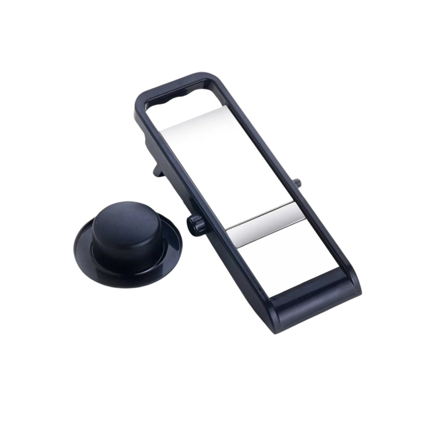 Full product view of the Konvex adjustable vegetable slicer in white and black.