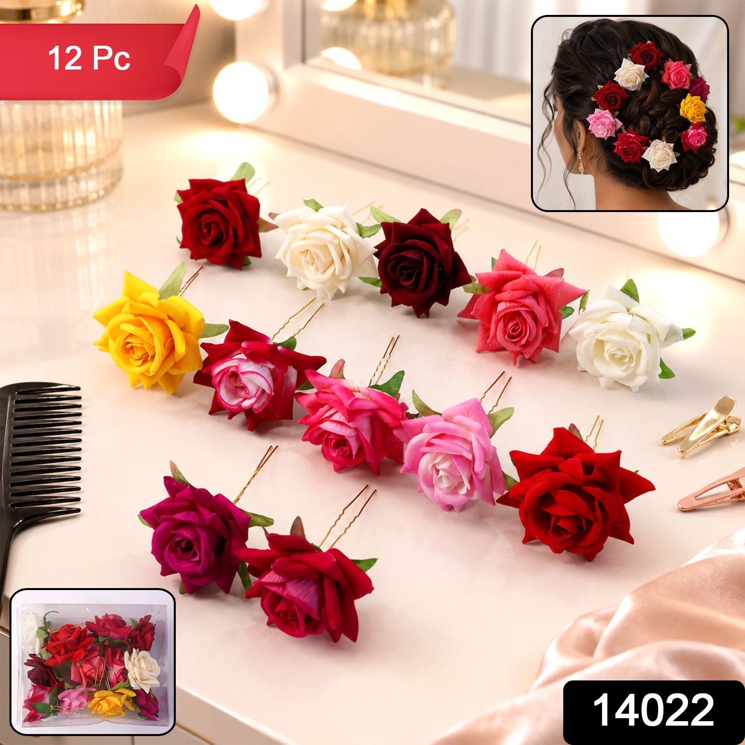 Close-up of several vibrant flower hair pins in various colours.