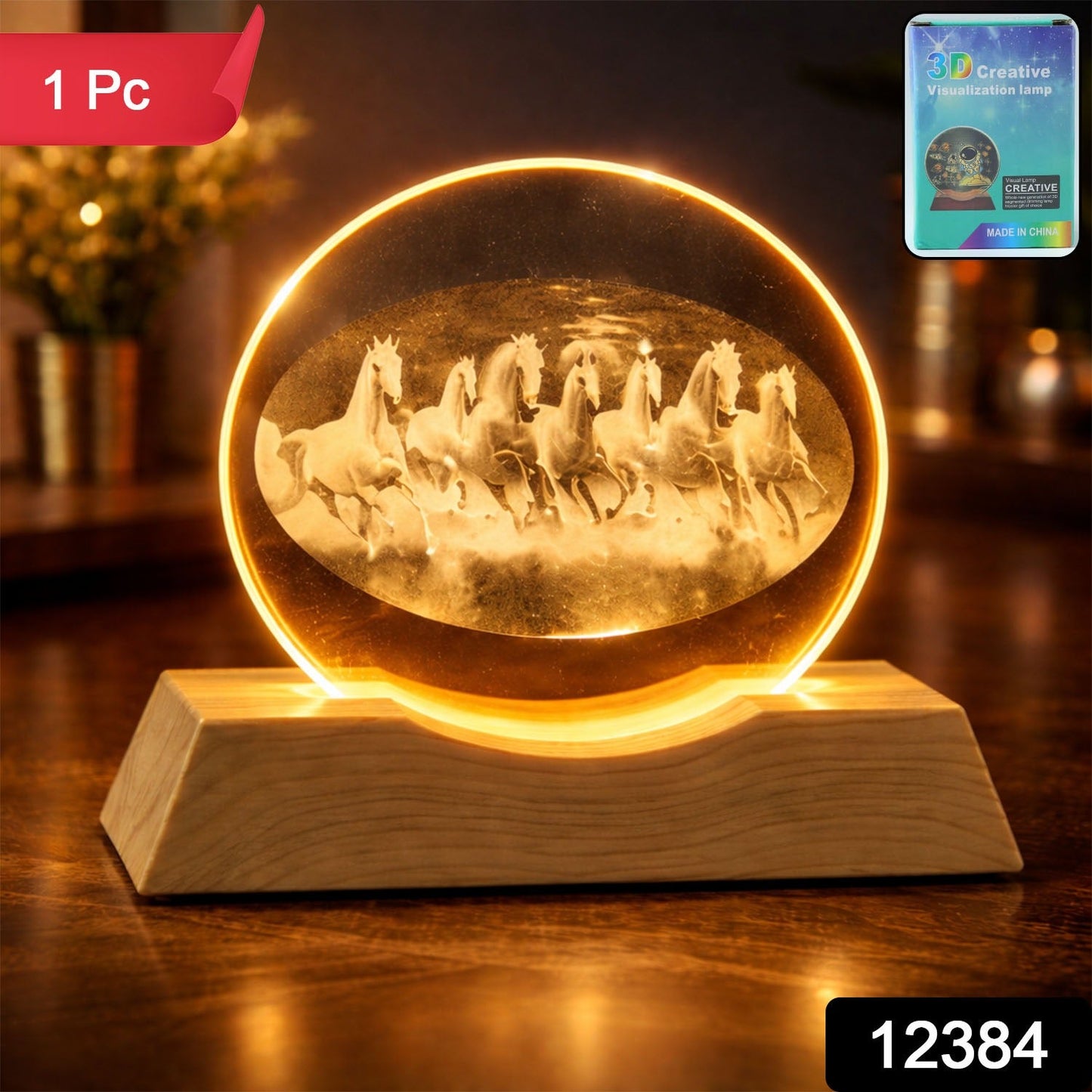 Running horses crystal lamp illuminated on wooden base providing ambient lighting