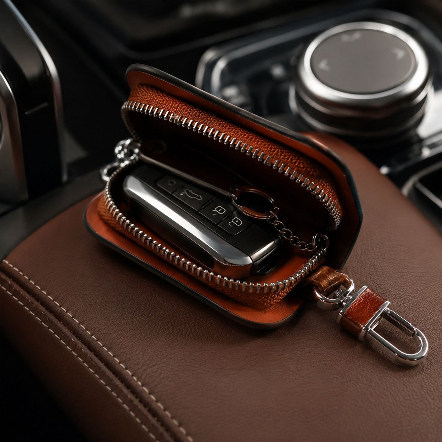 Smart remote holder zip clip with leather finish