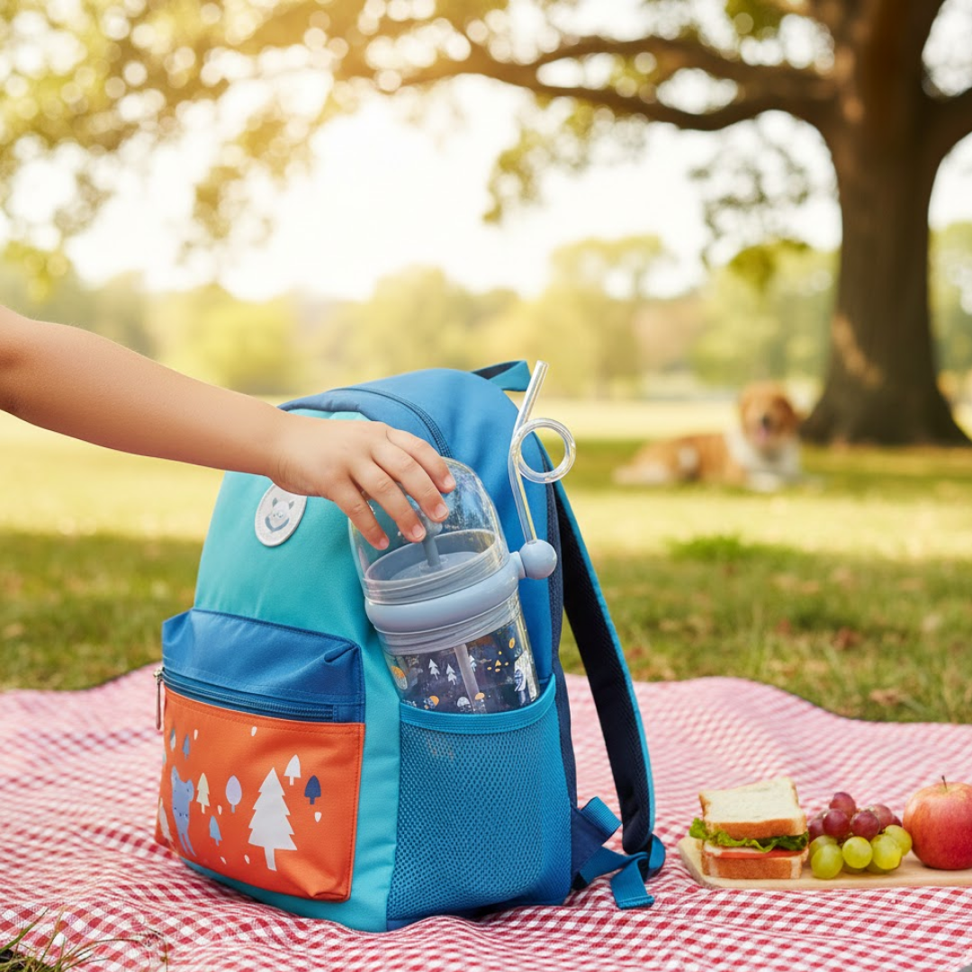 Side profile of the ergonomic Whale Spray Sippy Cup, designed for easy toddler grip.