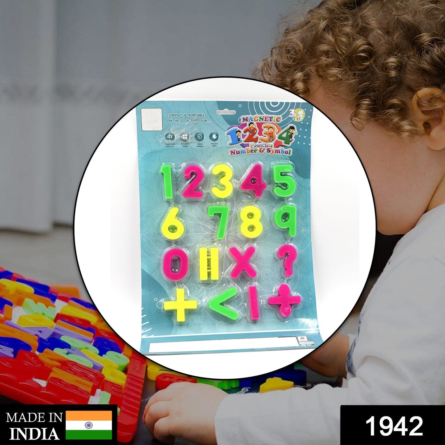 Close-up of colorful magnetic numbers and math symbols for educational play.