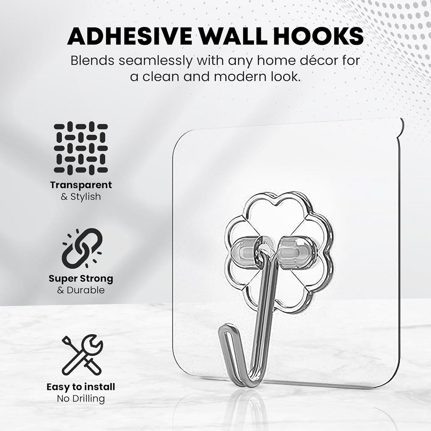 Diagram showing 6cm length and width of the stainless steel adhesive hook.