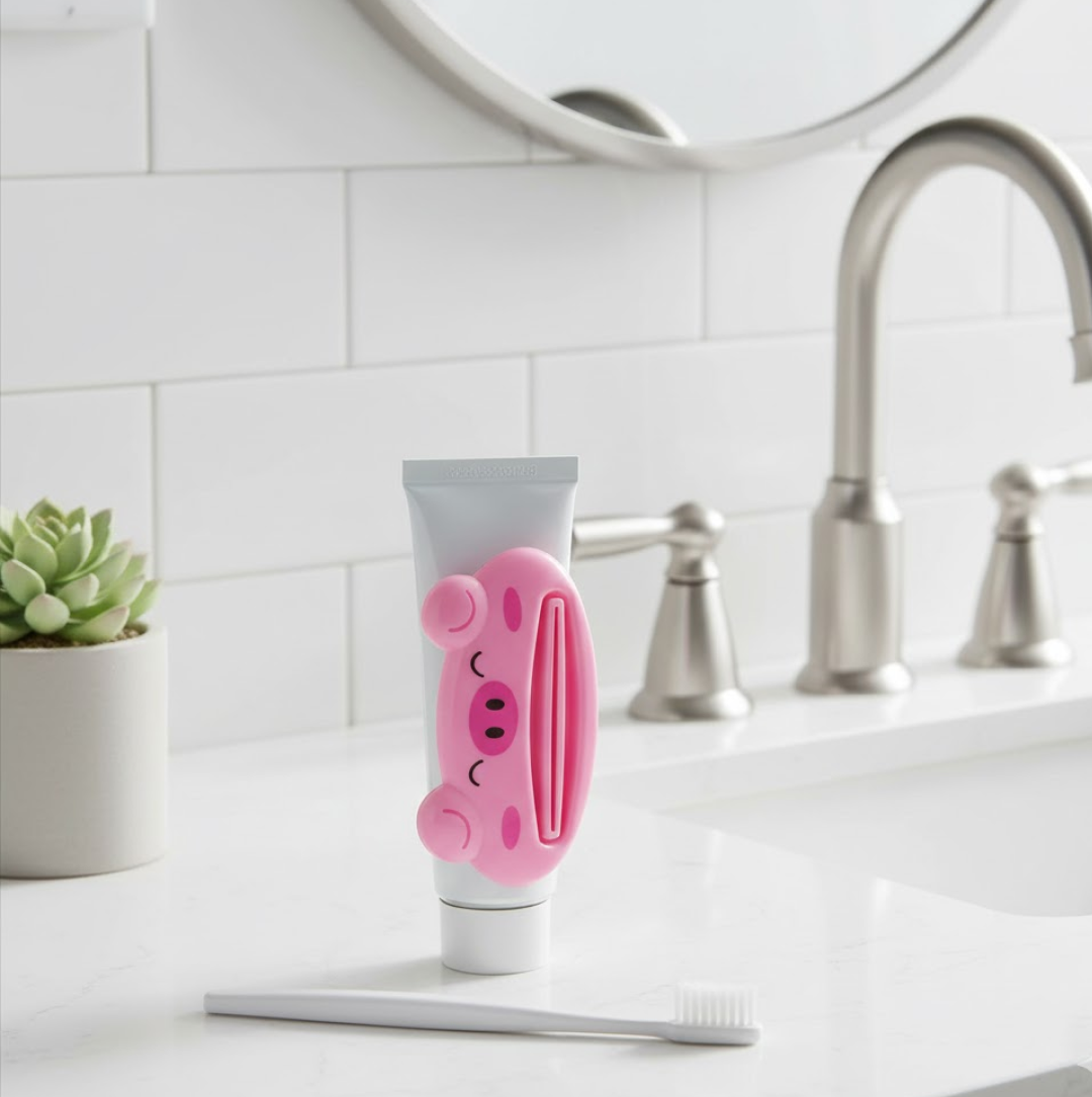 Clear diagram detailing the easy usage of the animal toothpaste squeezer.