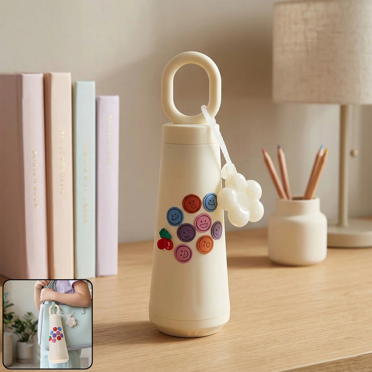 Happyclick 500ml Portable Glass Water Bottle with Smile & Cherry Design