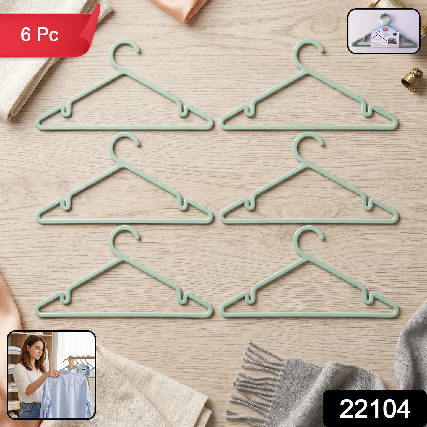 Set of 6 durable plastic clothing hangers for home and closet organization