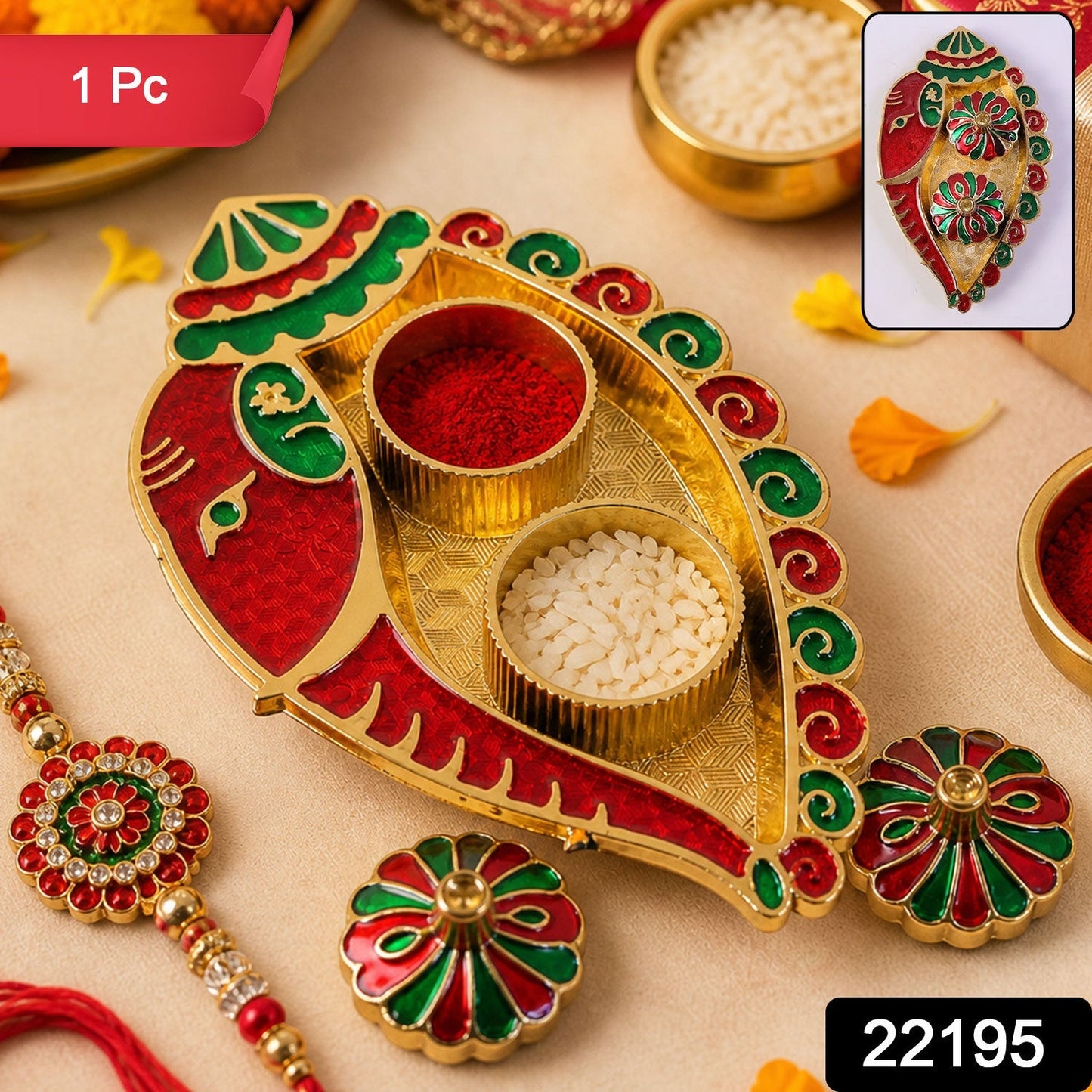 Decorative leaf shaped kankavati with red and green enamel accents