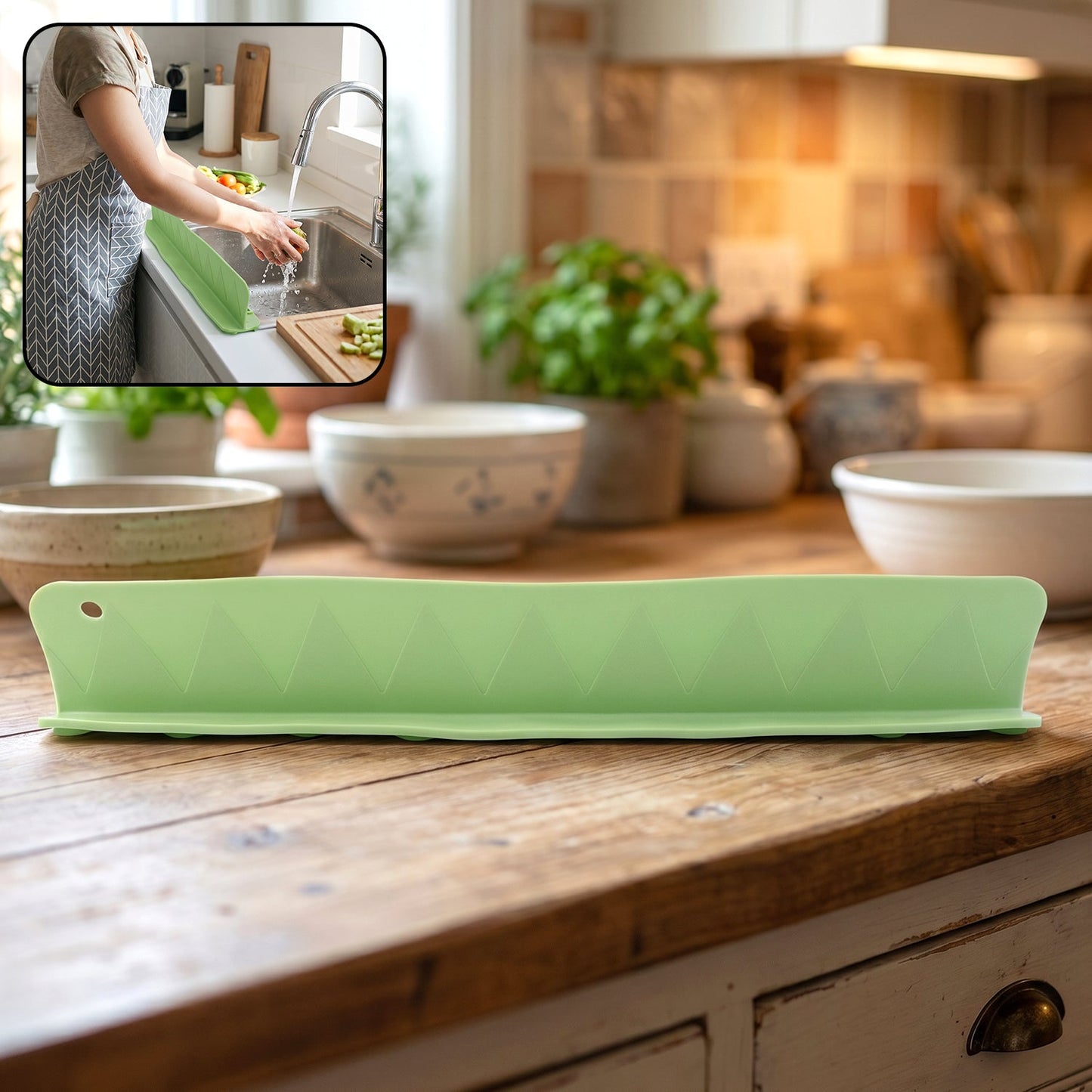 Main view of the flexible kitchen sink splash guard in green.