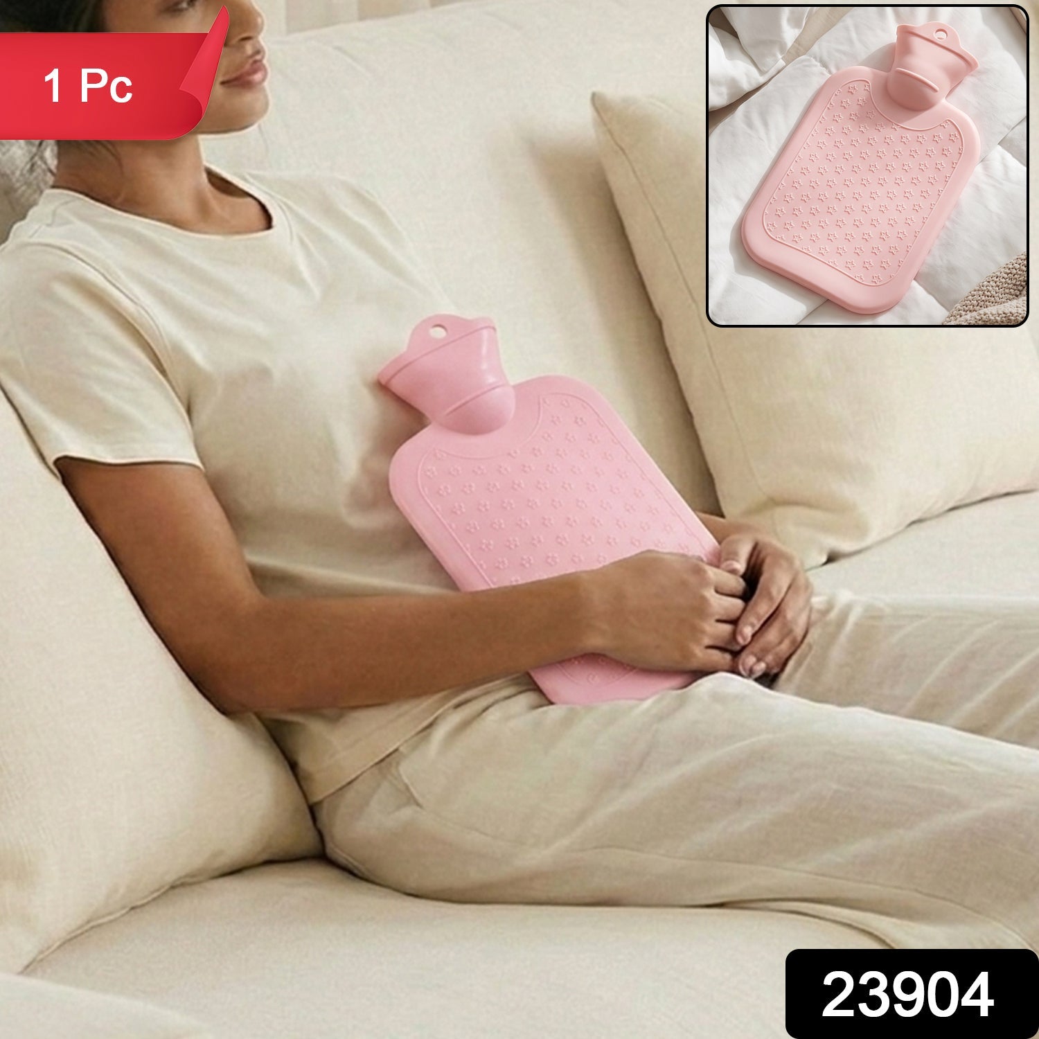 Reusable hot water therapy bag with 1 piece label and SKU 23904