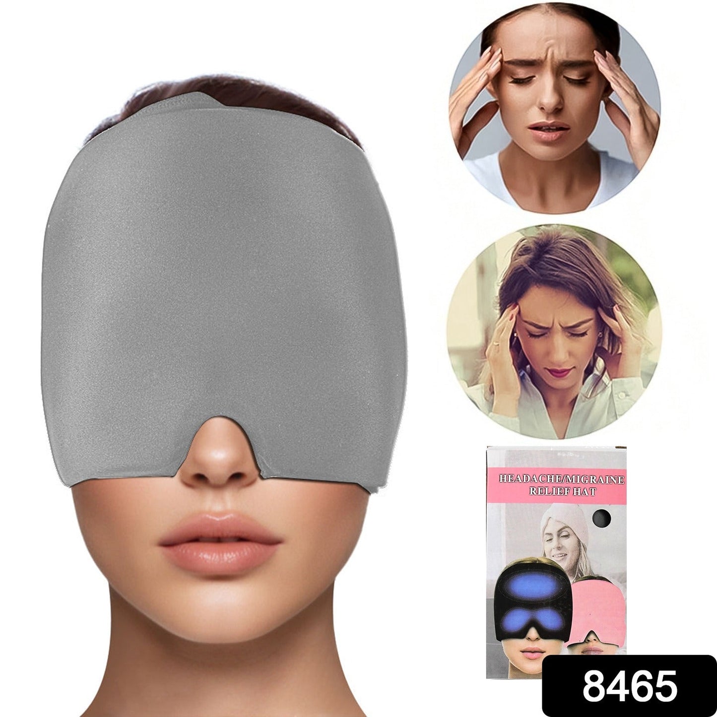 Flexible grey Migraine Relief Cap displayed flat, showcasing its soft gel construction.