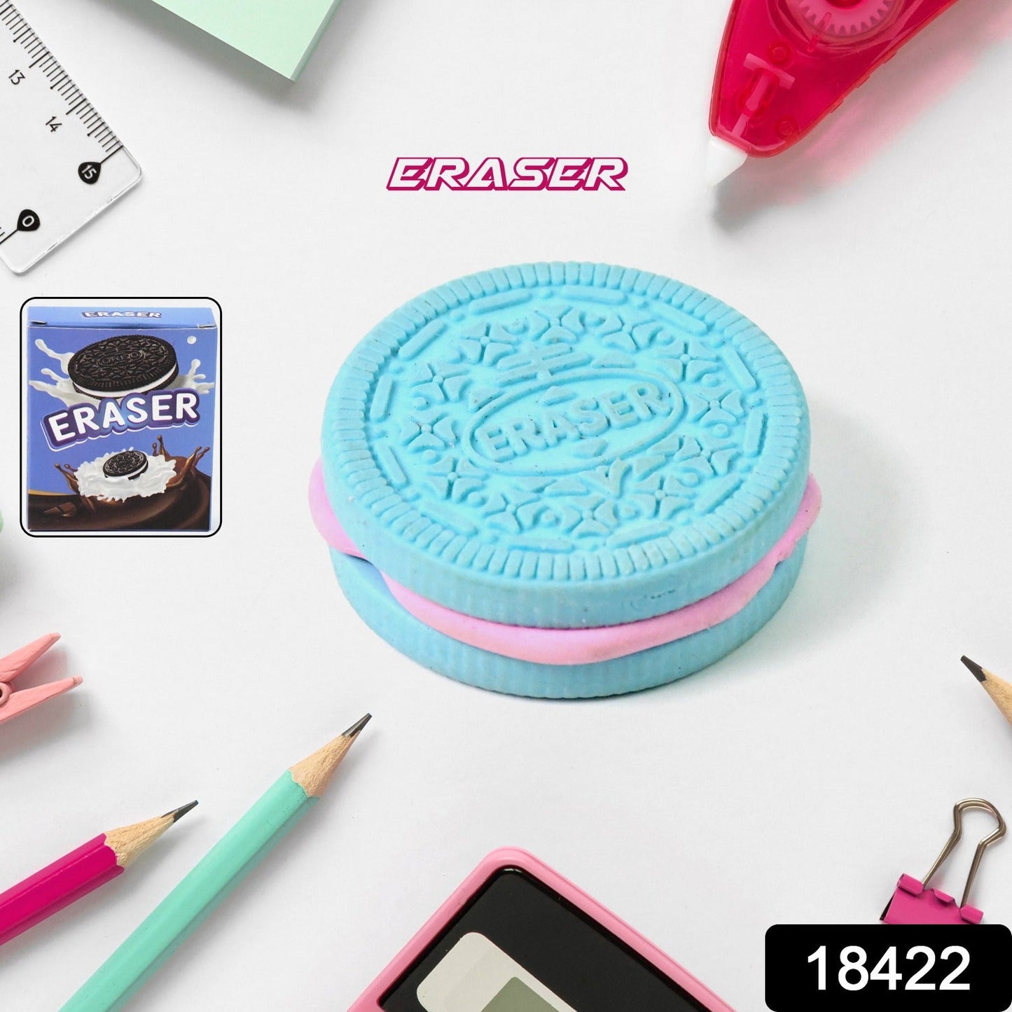 Close-up of a detailed chocolate-flavored biscuit eraser, showing its realistic texture.
