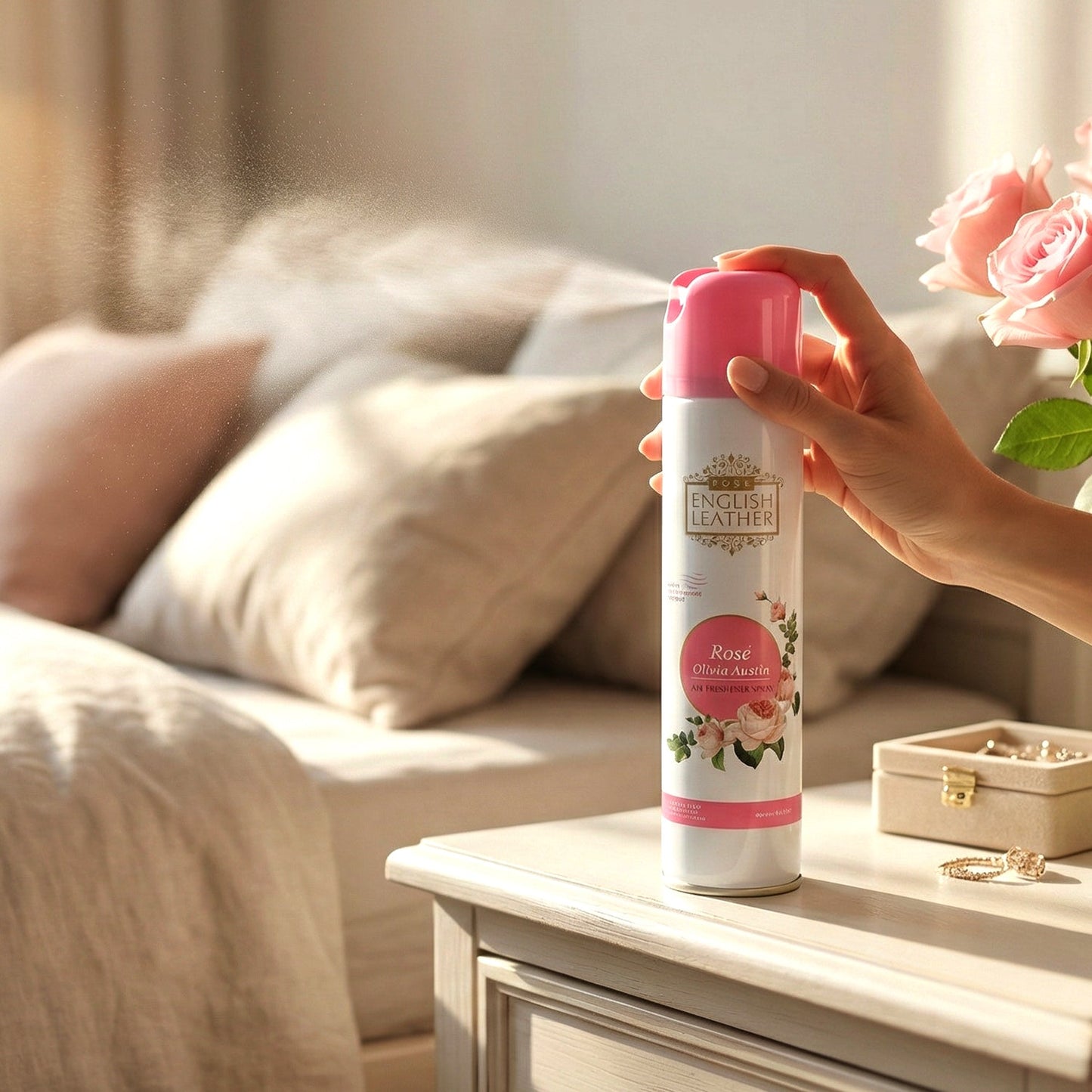 Close up of air freshener spray application action