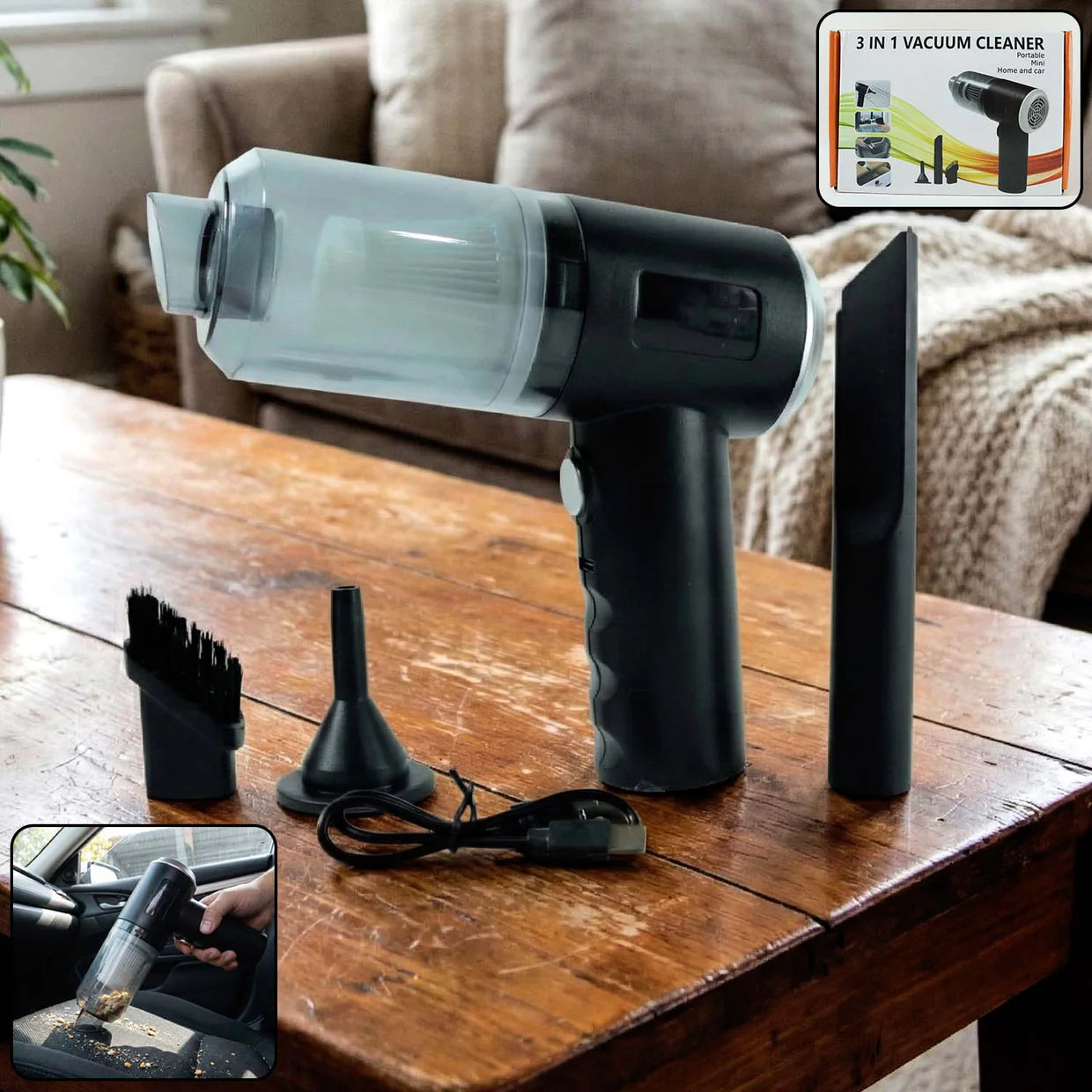 Happyclick 3-in-1 Mini Car Vacuum – Wireless, Rechargeable & Portable Cleaner