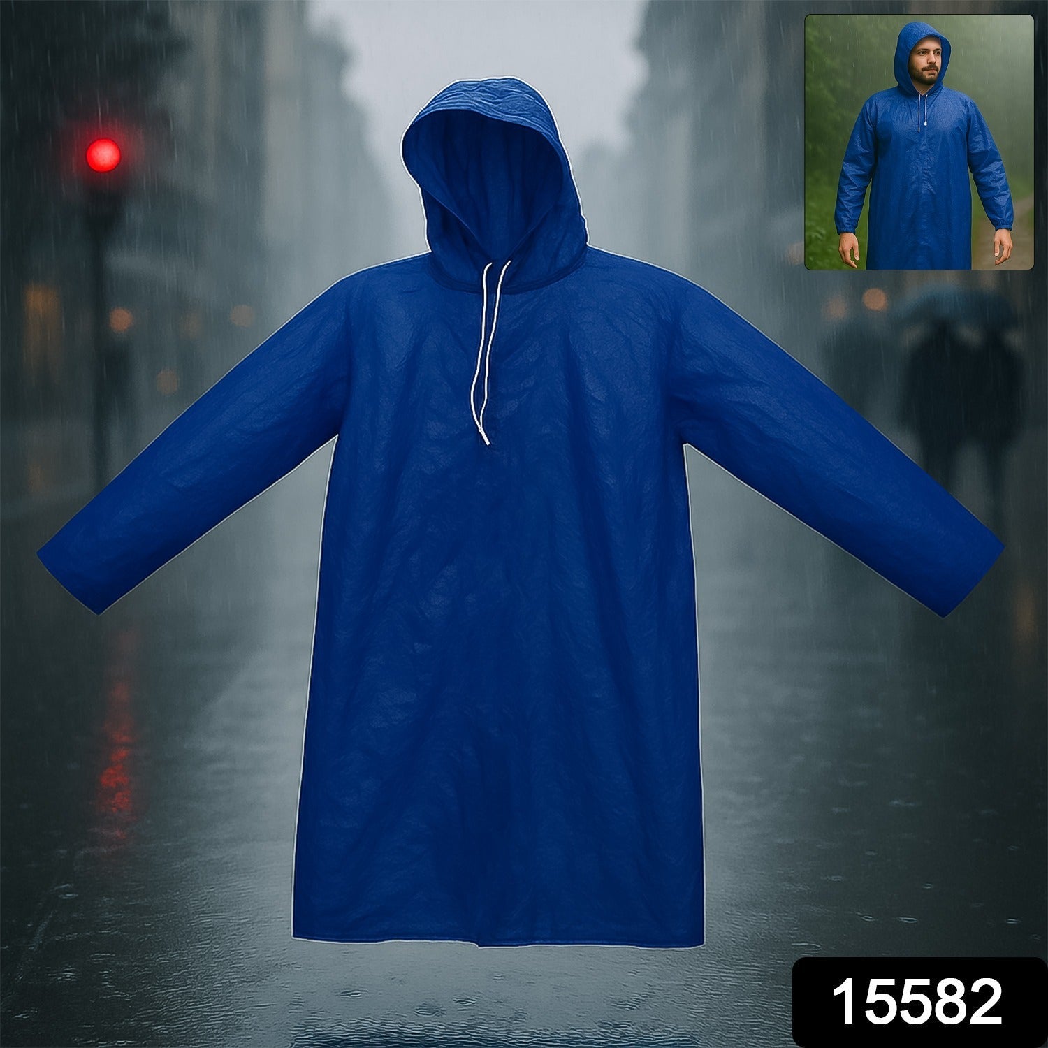 Lightweight men's blue raincoat with adjustable hood for wind and rain.