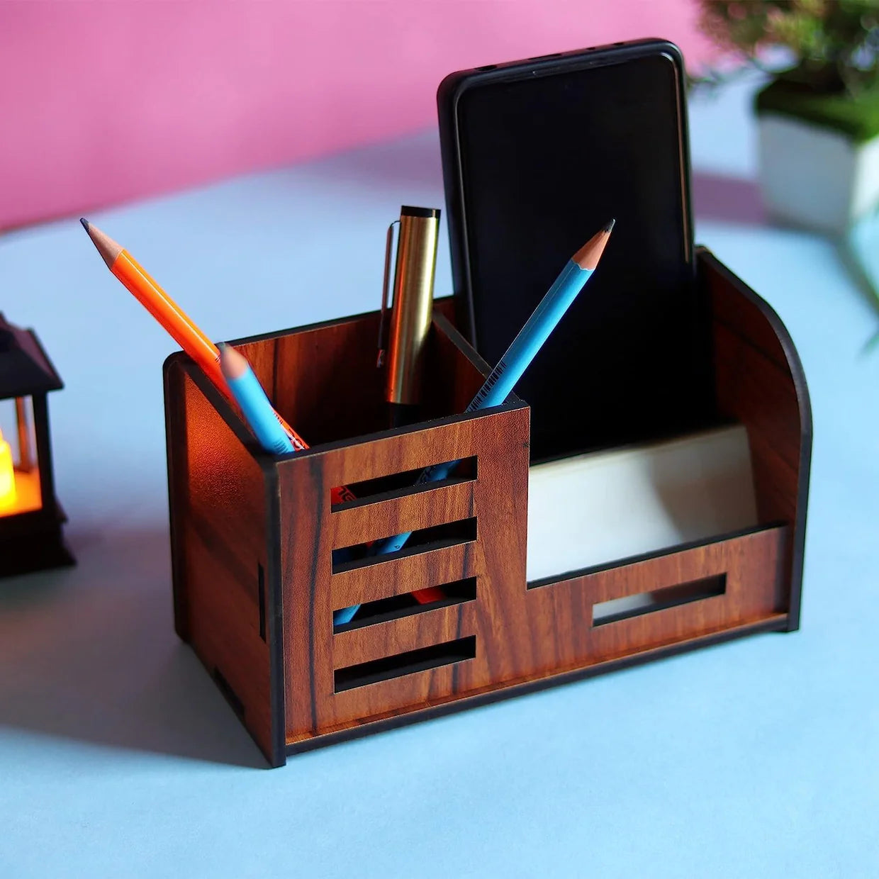 Happyclick Premium Wooden Desk Organizer with Phone Stand, Pen Holder, Card Holder (1 Pc) - HappyClick
