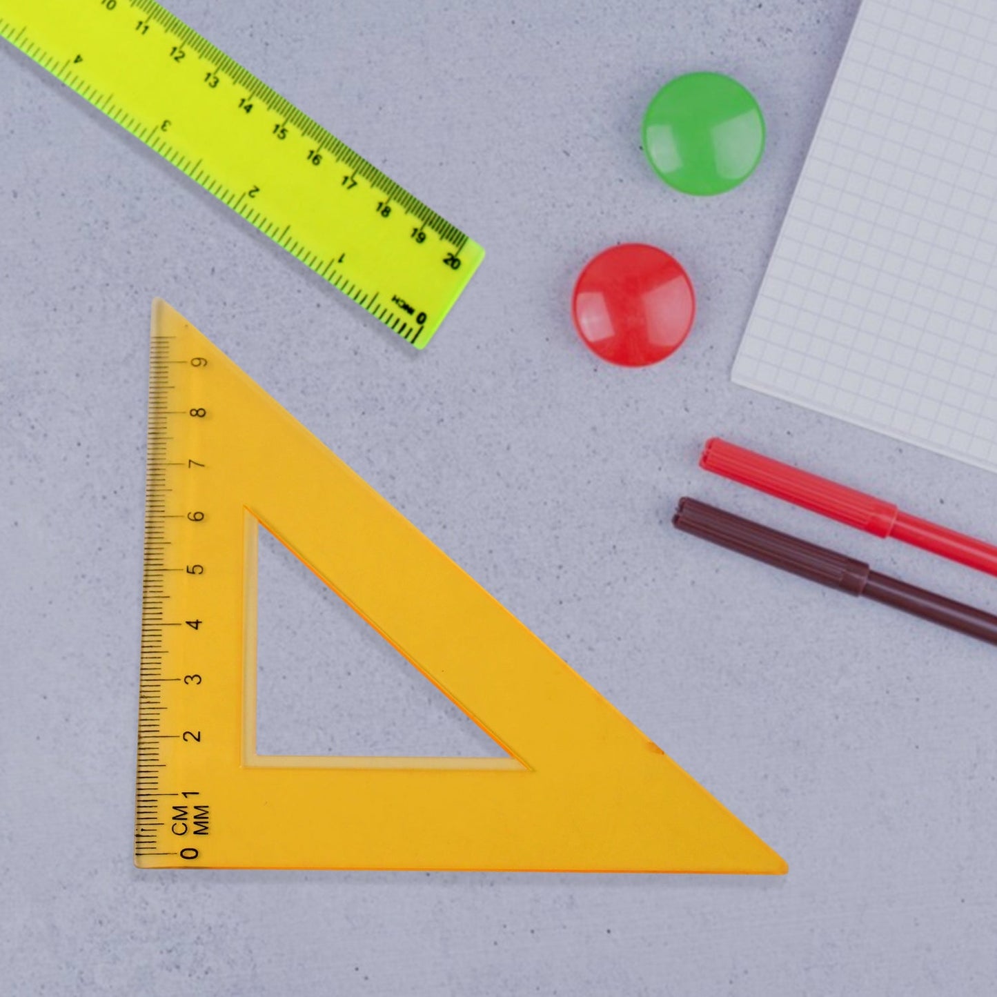 Close-up of clear plastic geometry ruler for student use