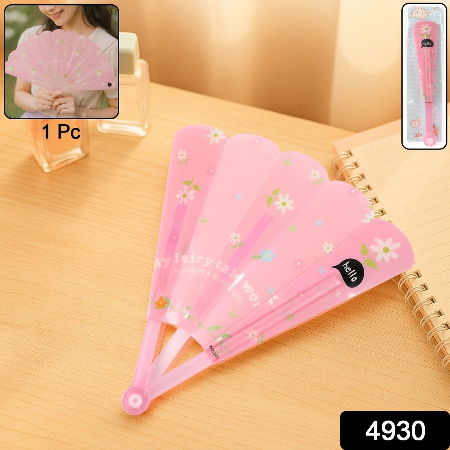 Womens hand fan opened wide showing elegant floral print