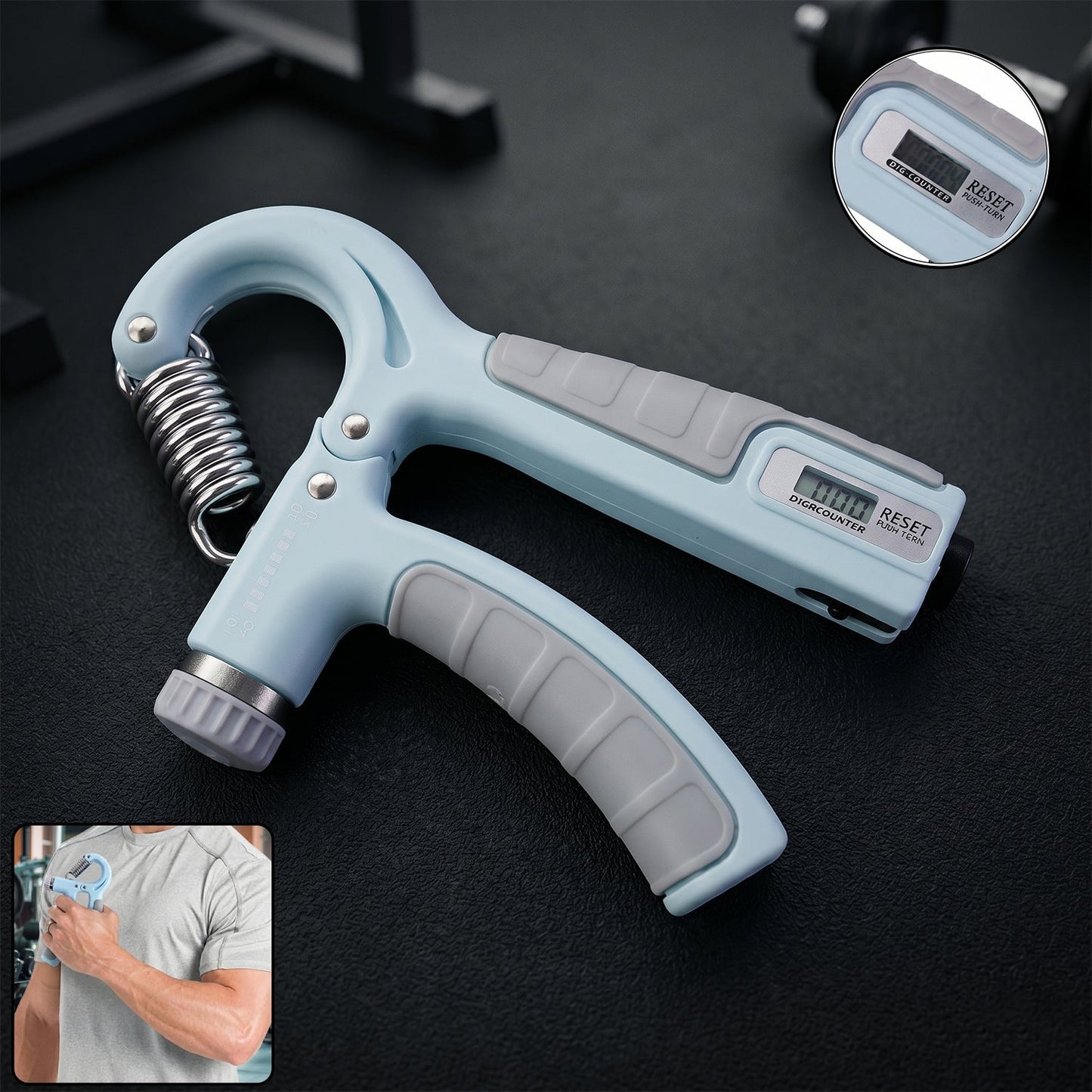 Adjustable gym hand grip strengthener on white background