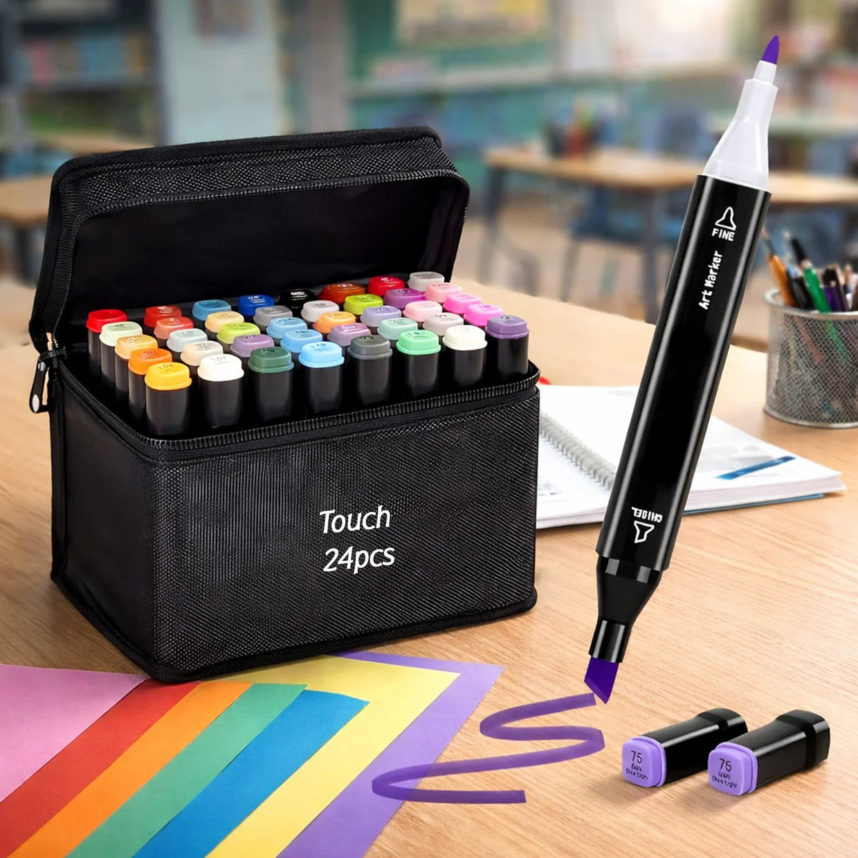 Happyclick 24 Pc Dual Tip Sketch Marker Pen Set With Storage Pouch
