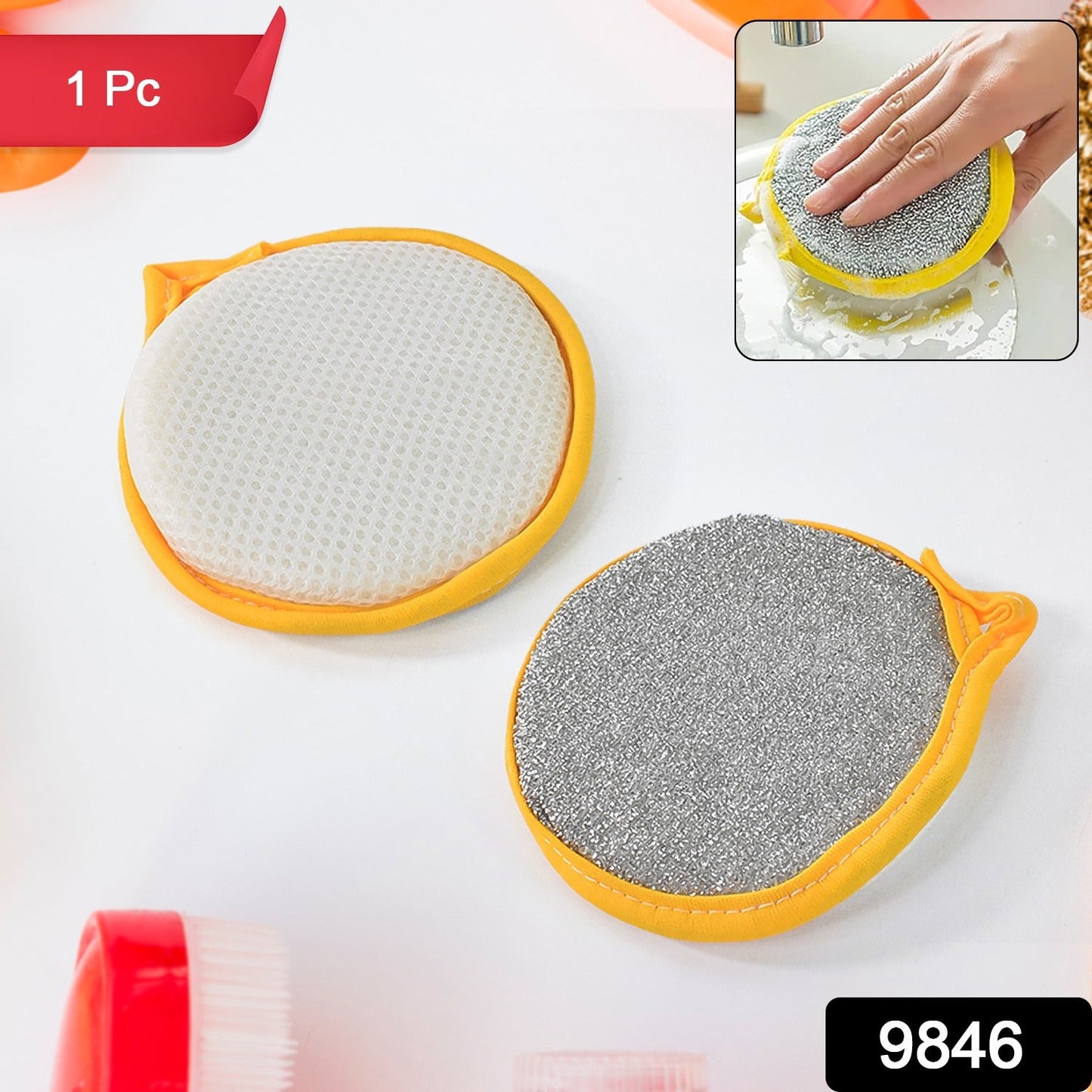 Double duty dishwashing sponge brush on white background showing both sides