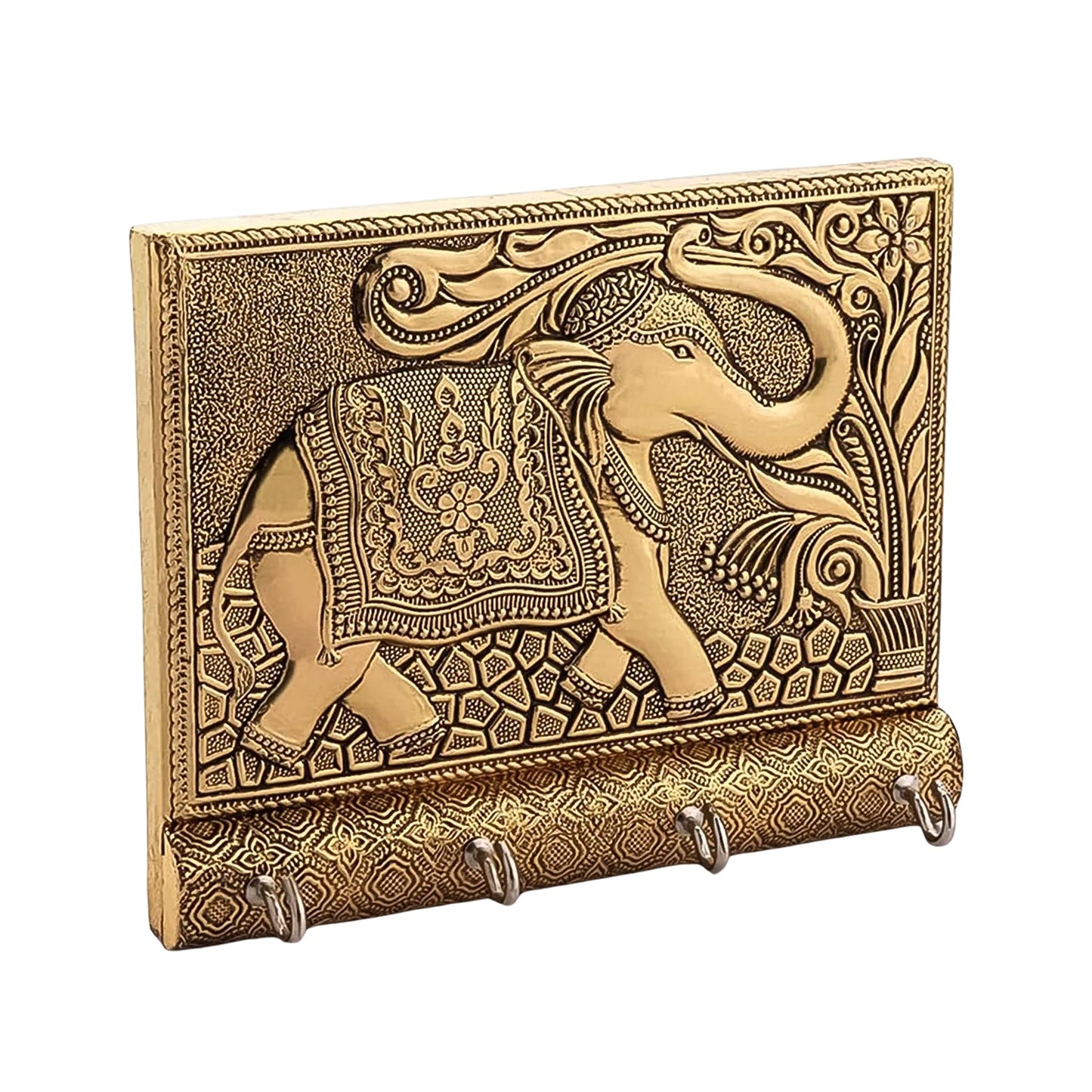Detailed shot showcasing the antique gold elephant motif on the decorative key holder.