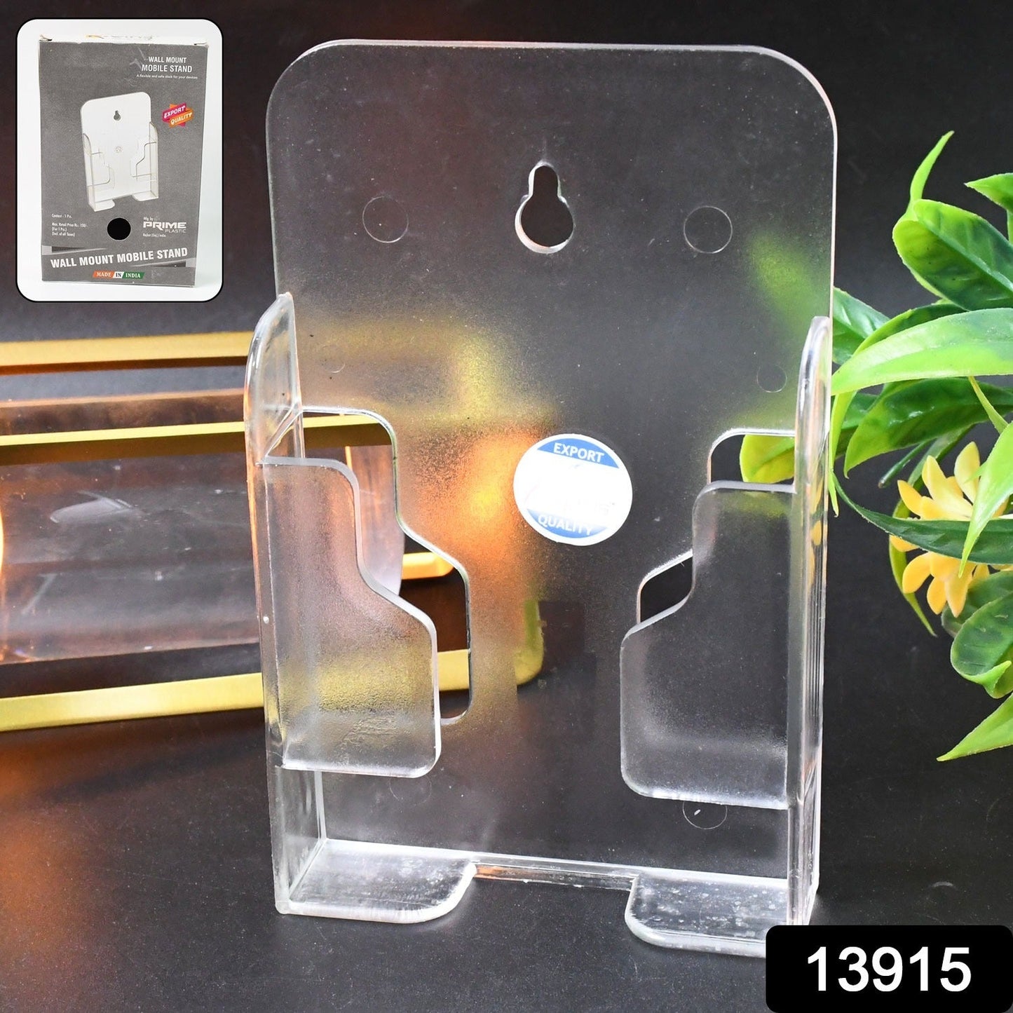 Mobile phone stand mounted on a wall in a modern living space, holding a smartphone.
