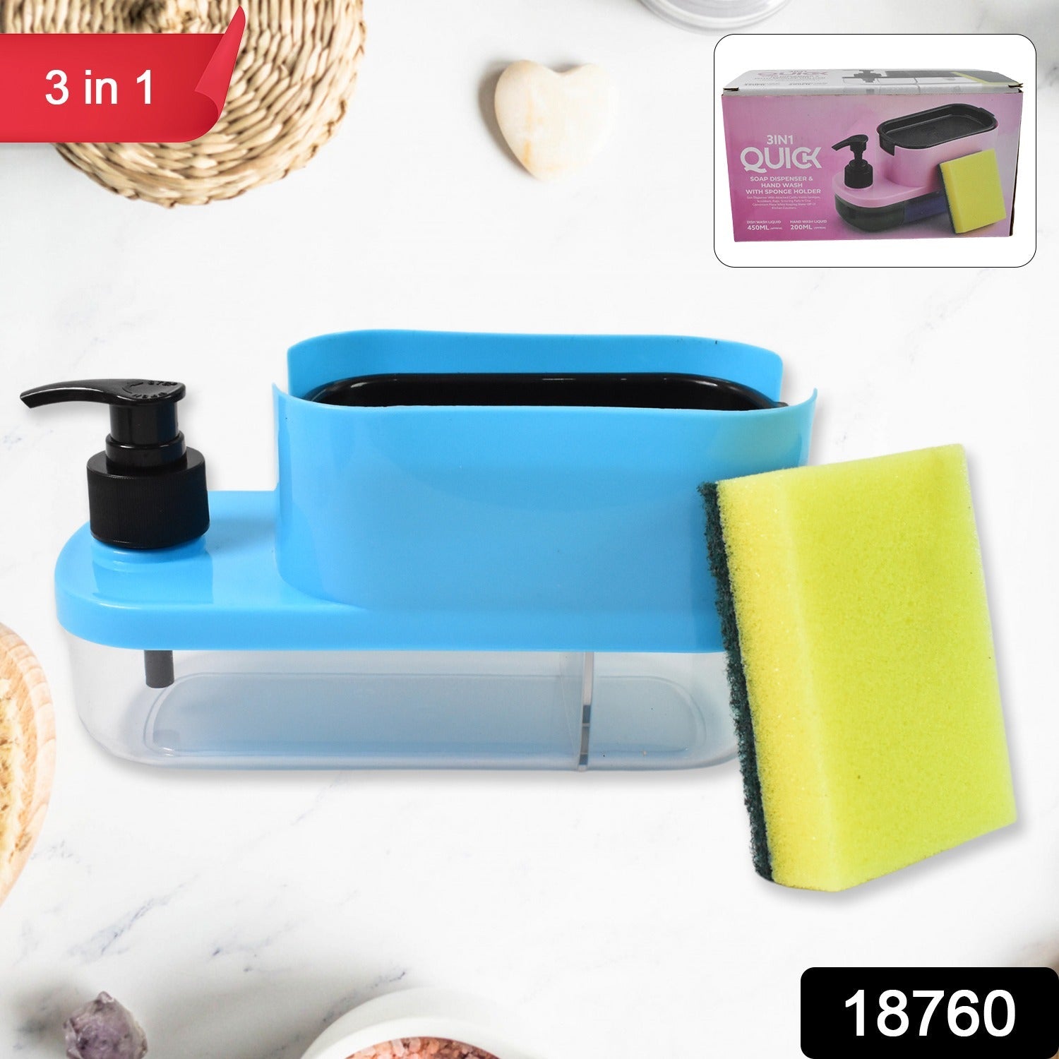 Close-up of the 3-in-1 liquid soap dispenser showing distinct compartments.