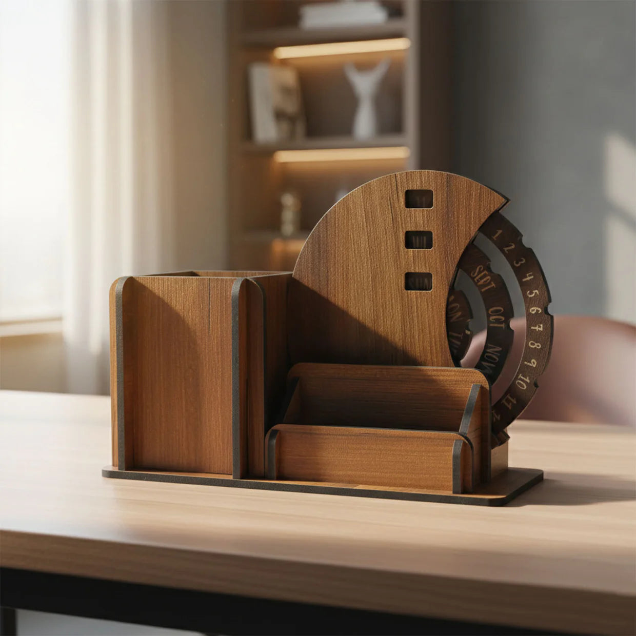 Happyclick Wooden Desk Organizer Pen Stand With Rotating Calendar Wheel (1 Pc) - HappyClick