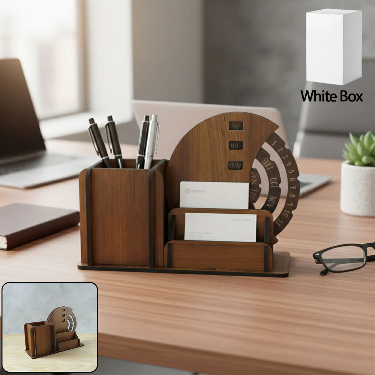 Happyclick Wooden Desk Organizer Pen Stand With Rotating Calendar Wheel (1 Pc) - HappyClick