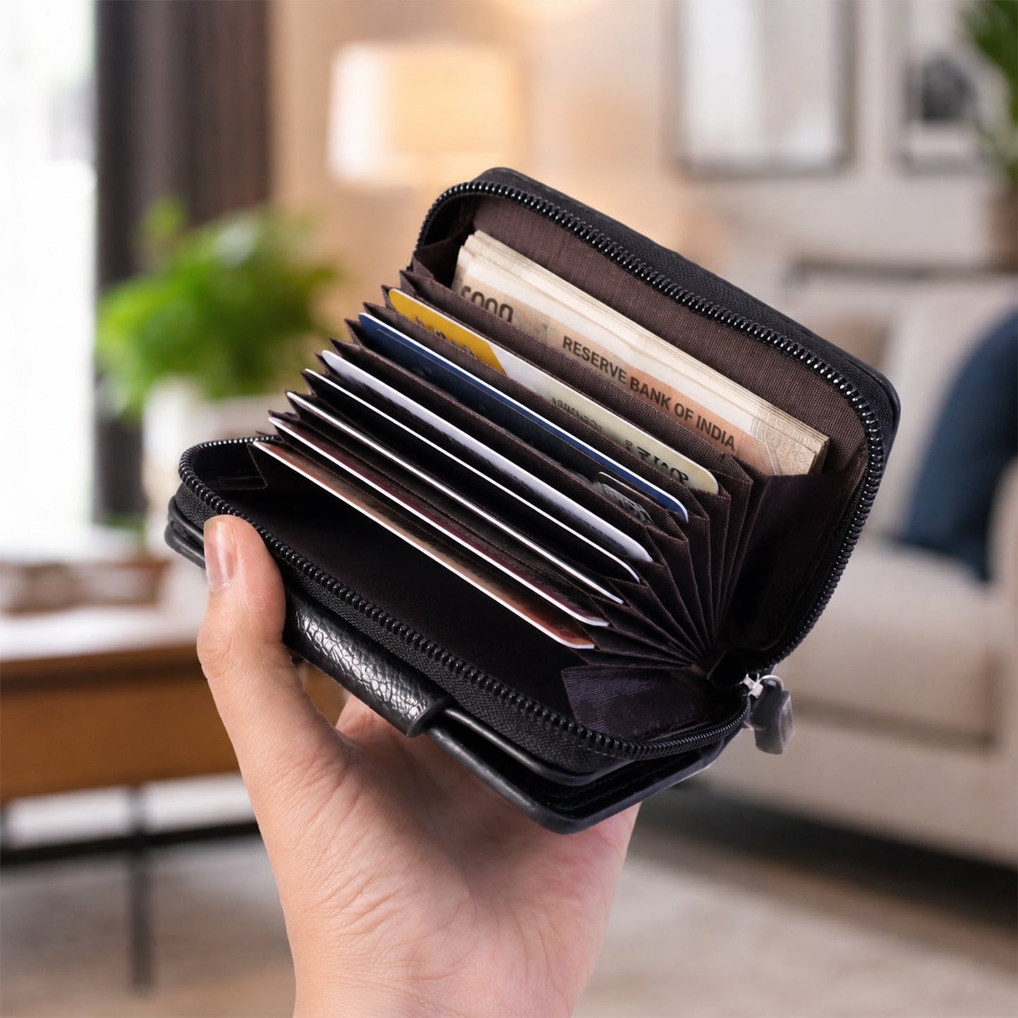 Black Zip-Around Card Holder Wallet – Secure Multi-Card Organizer