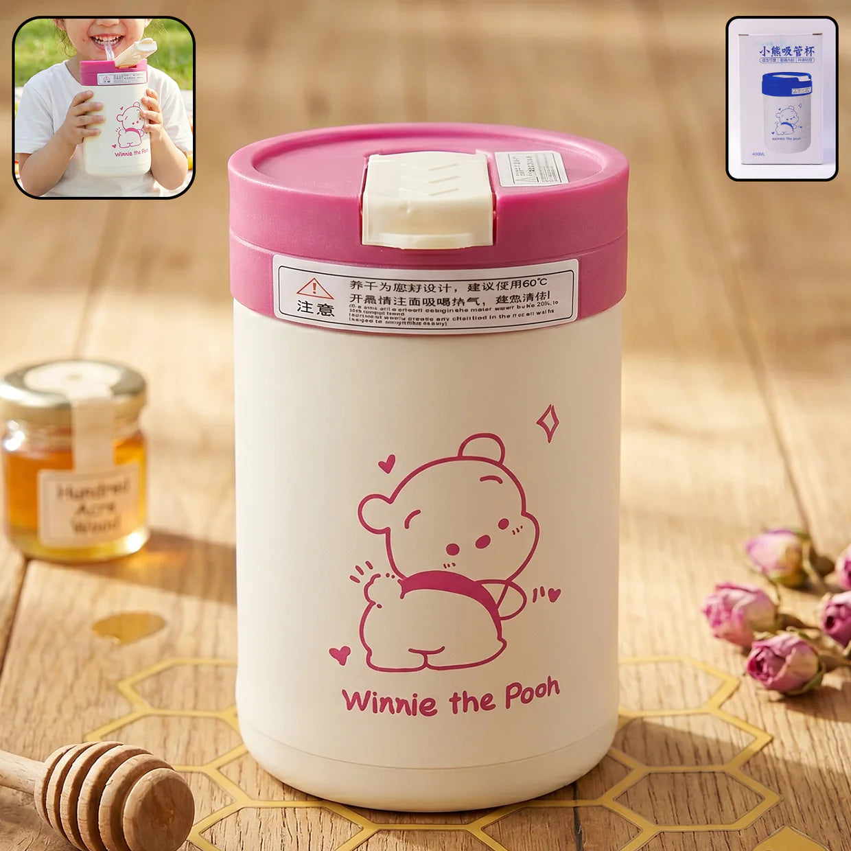Happyclick Cute Cartoon Printed Glass Tumbler with Lid and Straw (400 ML)