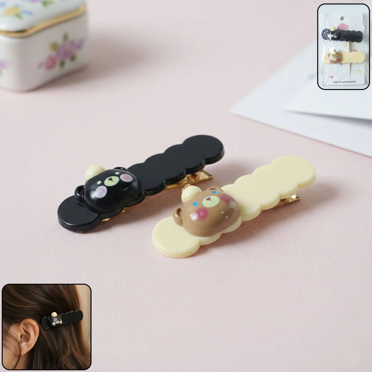 Happyclick Cute Teddy Hair Clips Set (2 Pc) - HappyClick
