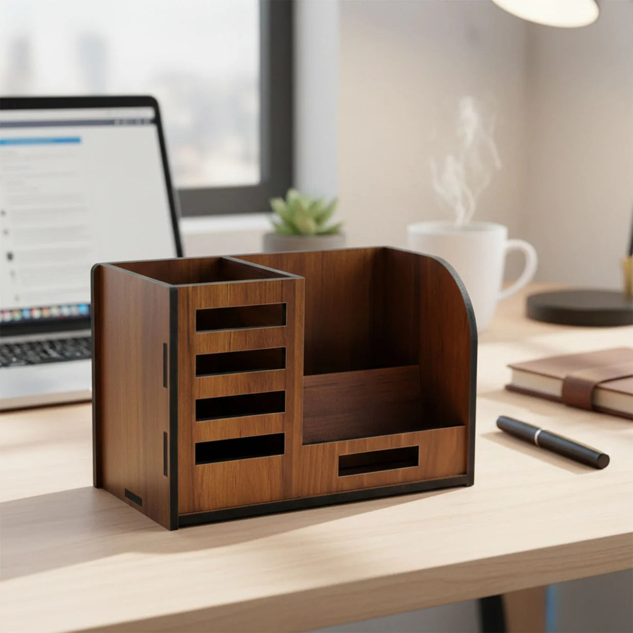 Happyclick Premium Wooden Desk Organizer with Phone Stand, Pen Holder, Card Holder (1 Pc) - HappyClick