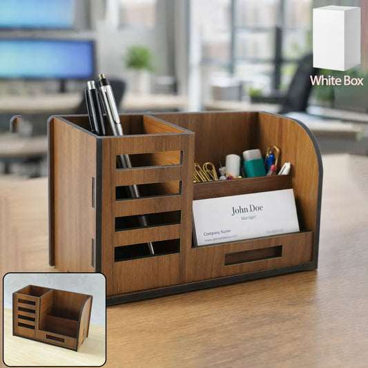 Happyclick Premium Wooden Desk Organizer with Phone Stand, Pen Holder, Card Holder (1 Pc) - HappyClick