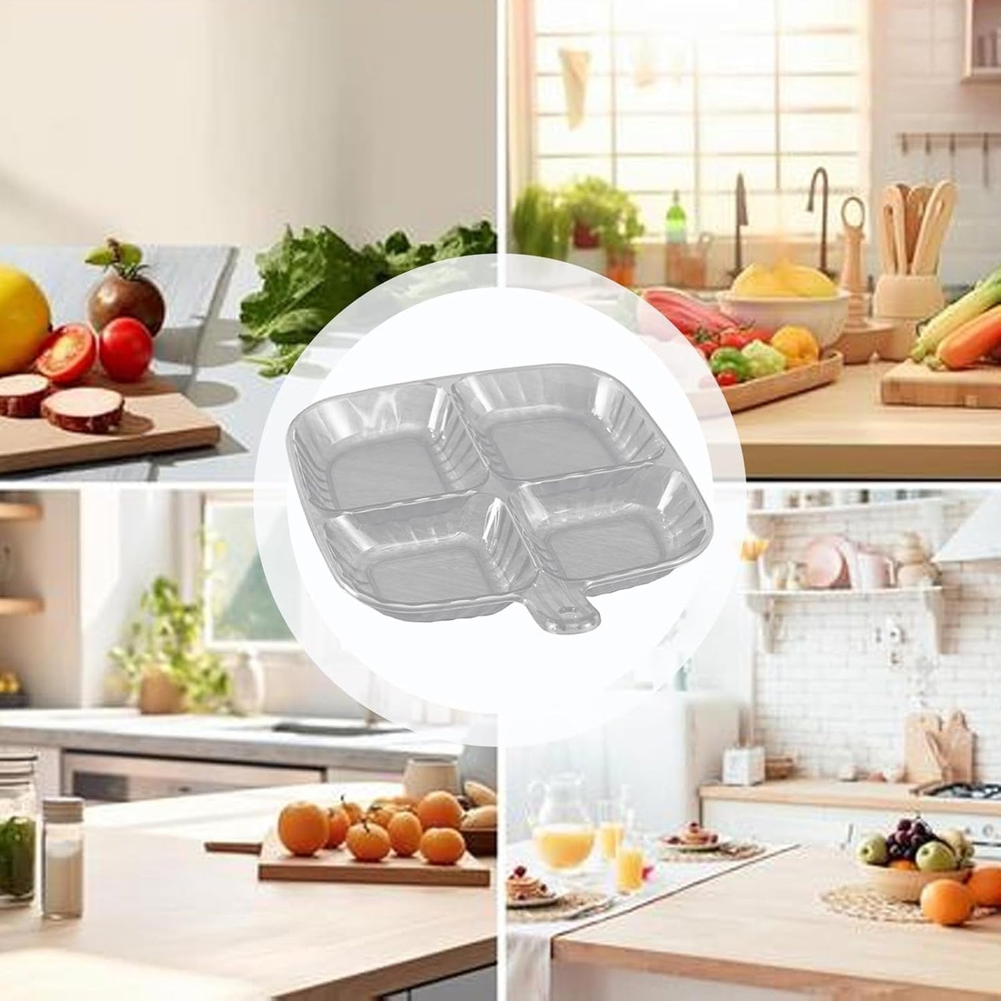 Angled view of clear plastic 4-section serving tray
