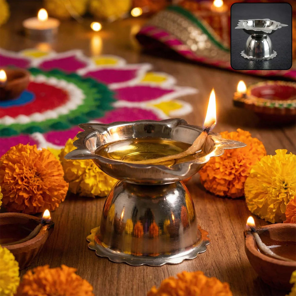 Happyclick Stainless Steel Sunflower Design Diya Stand (Small Size / 1 Pc) - HappyClick