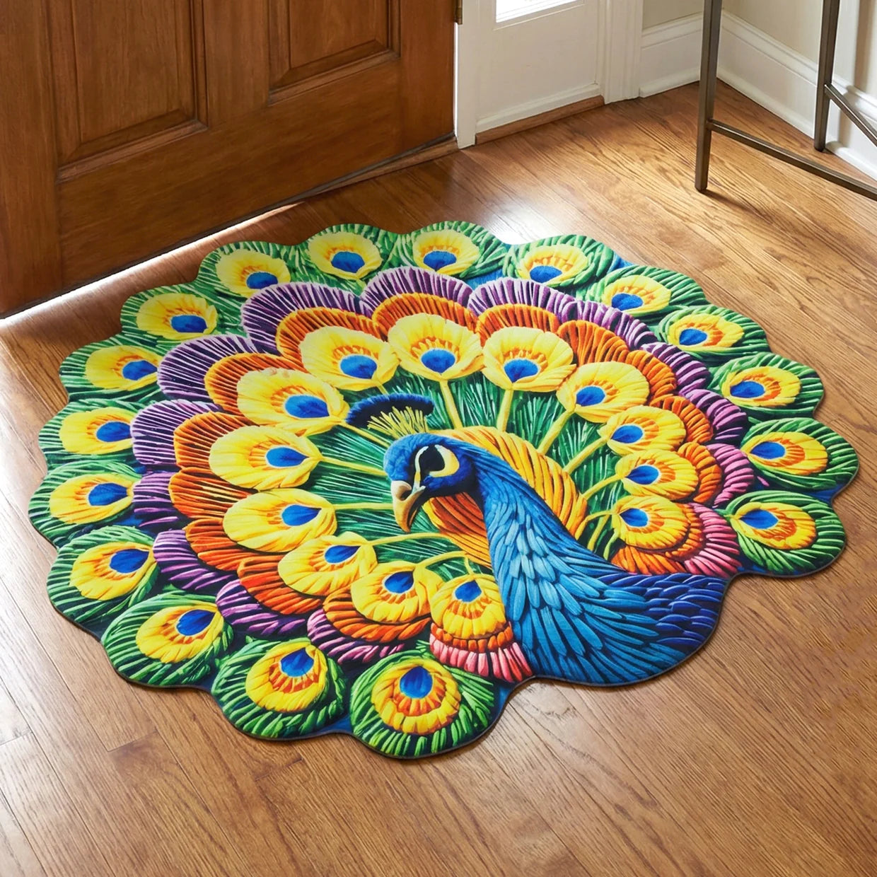 Happyclick Peacock Design Round Floor Mat, 58x58 cm
