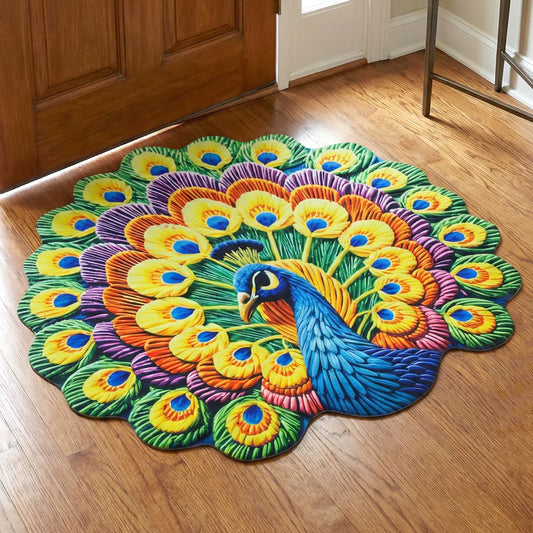 Happyclick Peacock Design Round Floor Mat, 58x58 cm