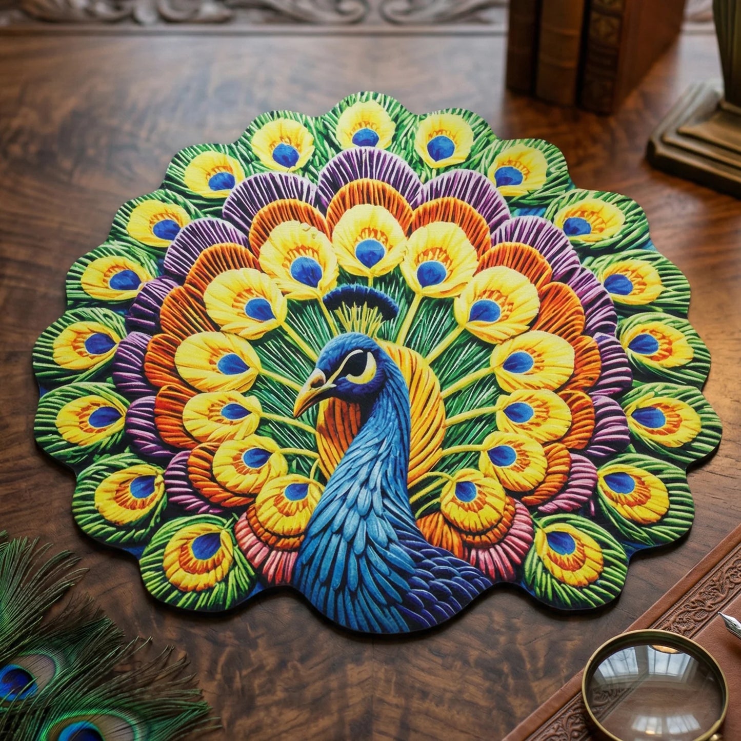 Happyclick Peacock Design Round Floor Mat, 58x58 cm