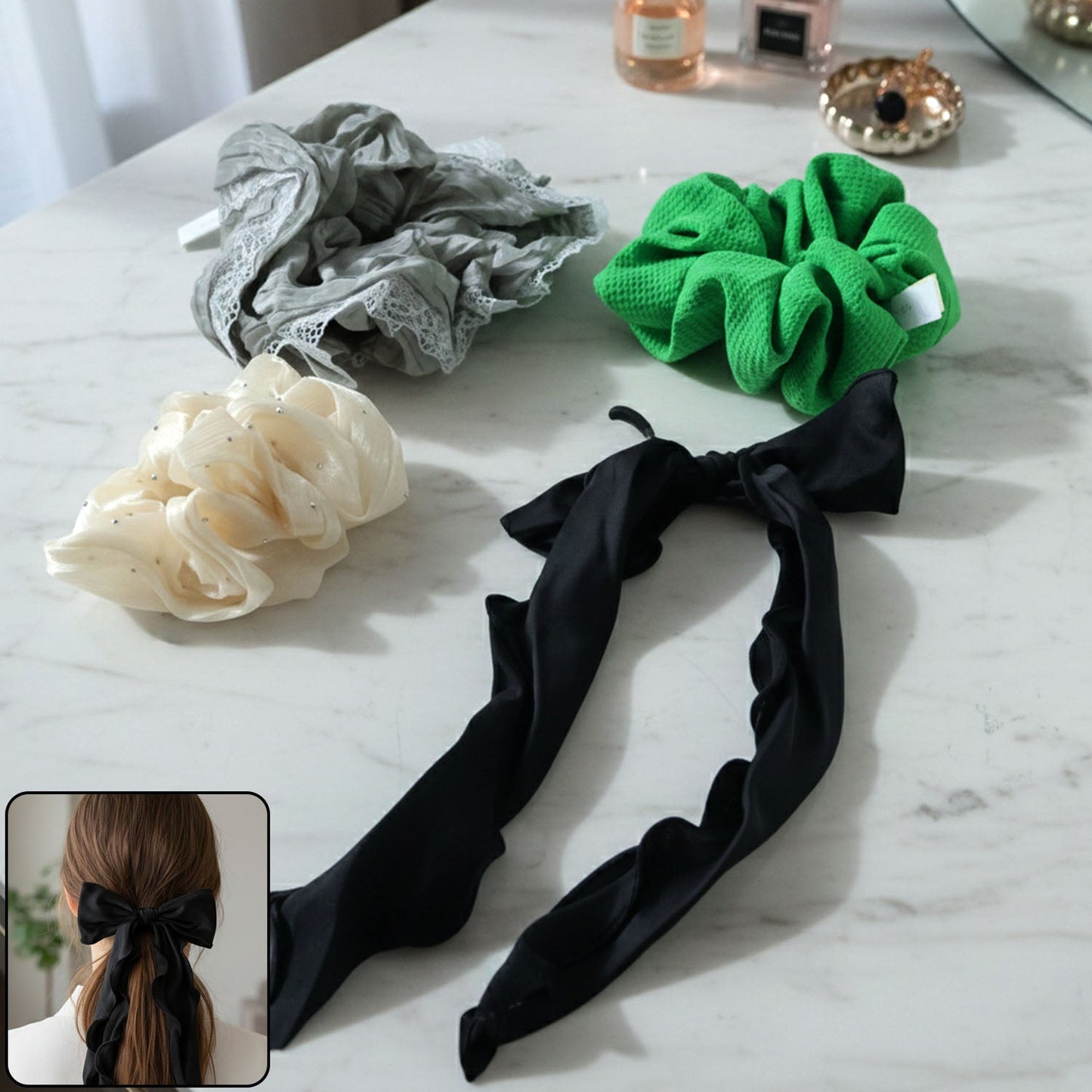 Soft fabric hair scrunchie with stylish bow tie design in assorted colors