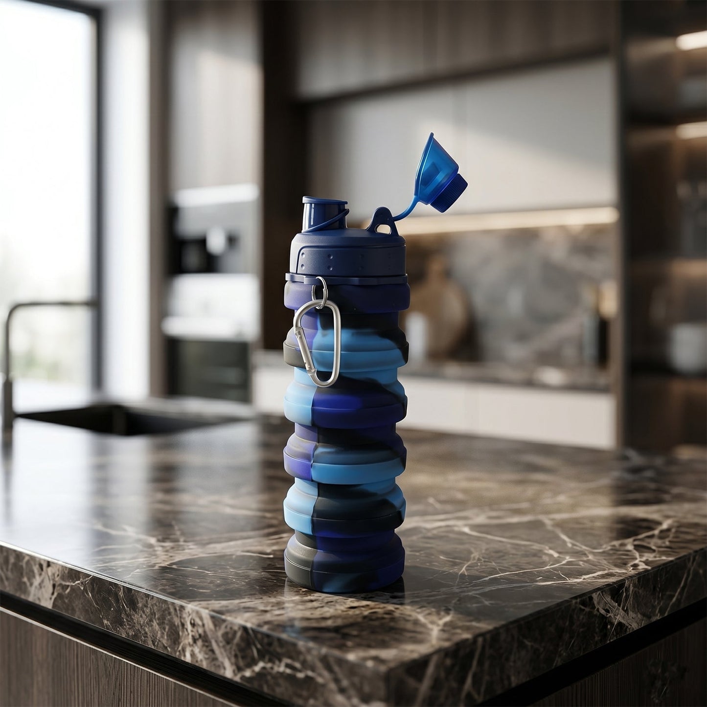 Side view of expanded colorful collapsible silicone water bottle