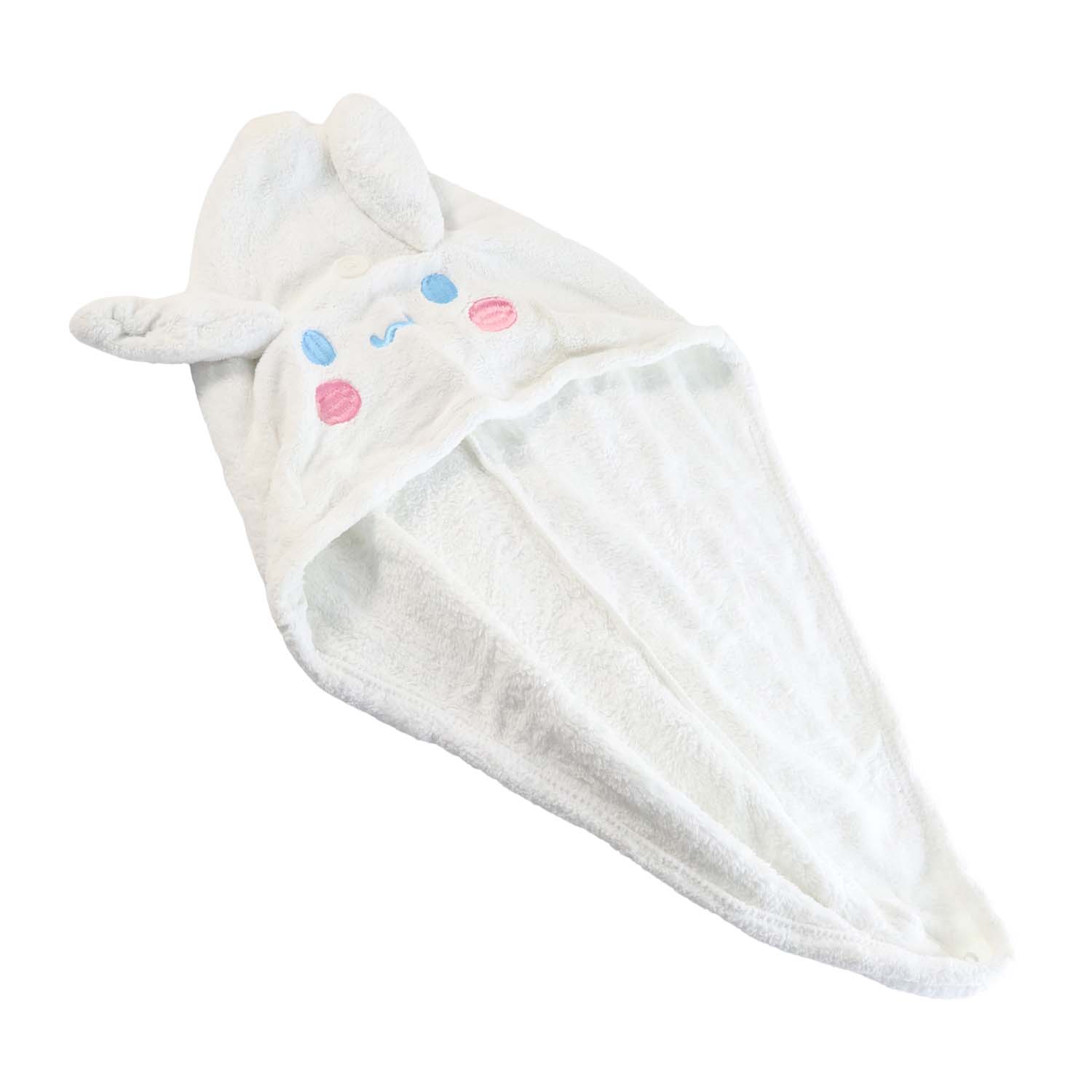 Hooded hair drying cap secured with button loop for easy use
