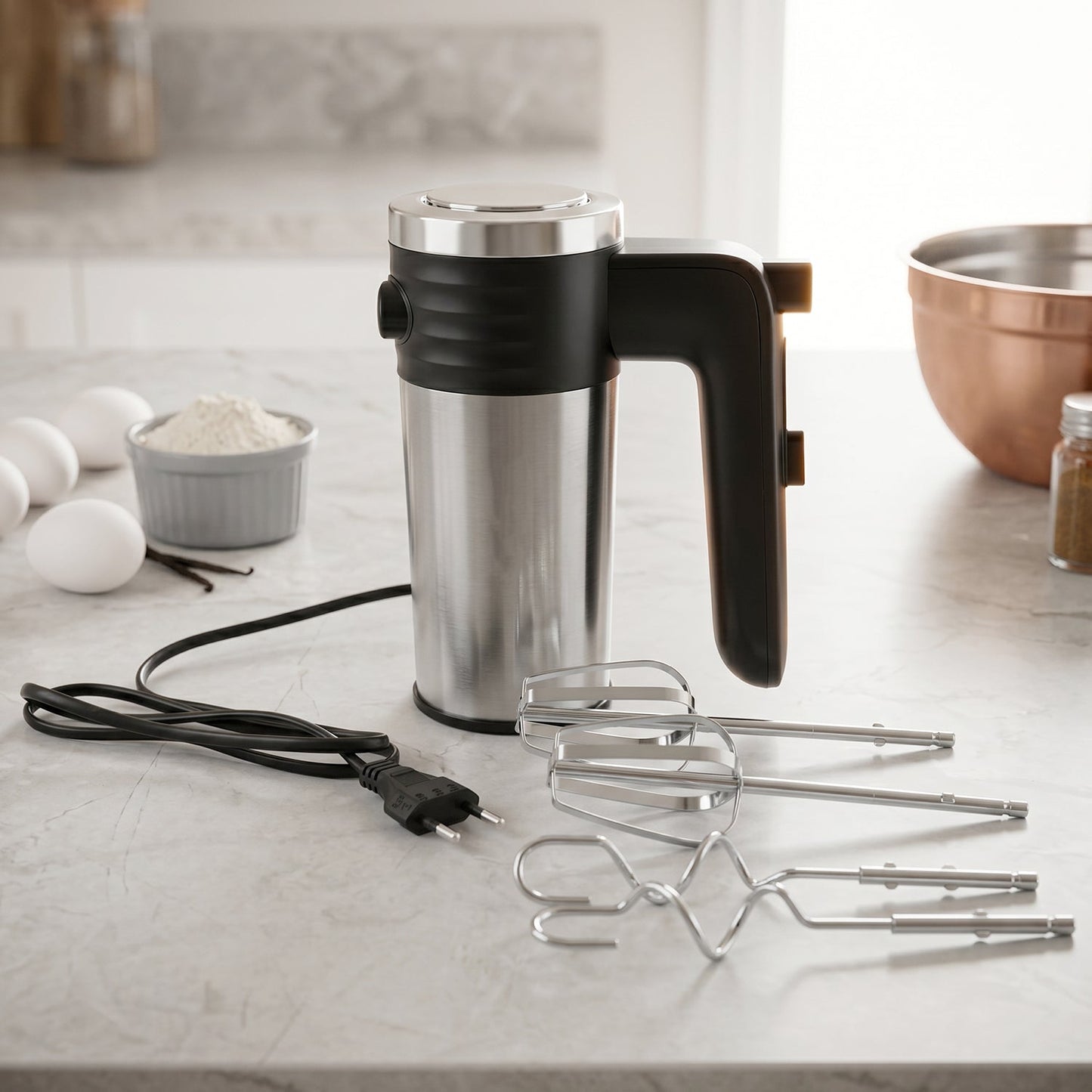 Multi speed hand mixer with stainless steel beaters for baking