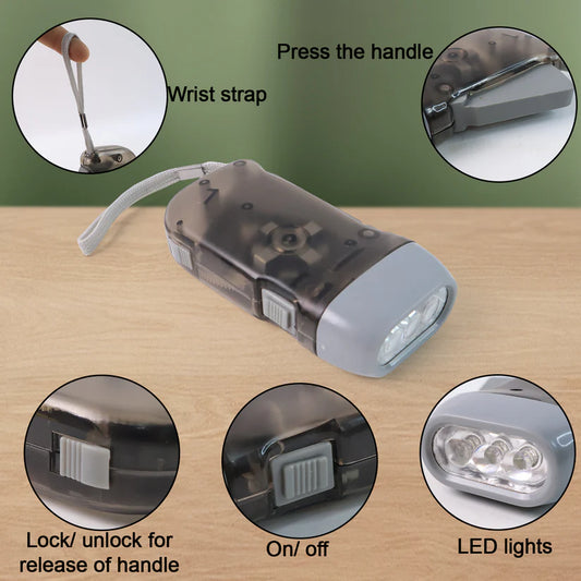 Happyclick 3 LED Hand Press Torch Hand Crank Flashlight Hand Pressing Flashlight Traveling Torch Light Manual Generator, Battery-Free Flashlight (1 Pc)