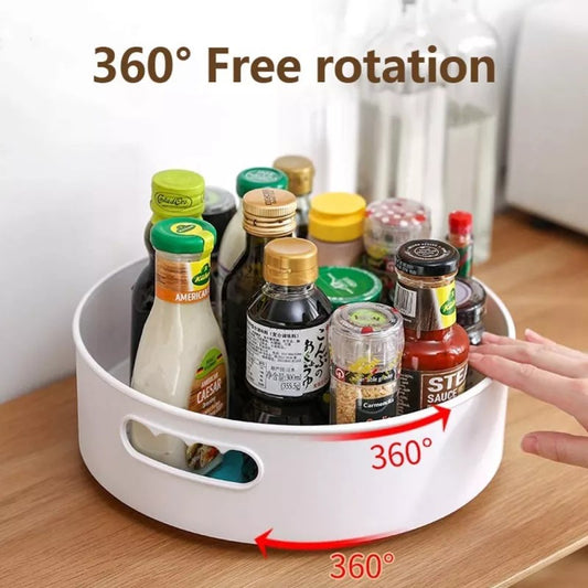 multi-function rotating tray, 360-degree storage tray, rotating organizer, Lazy Susan turntable, swivel storage tray, kitchen rotating organizer, bathroom storage tray, rotating spice rack, turntable organizer for cabinets, space-saving storage tray.