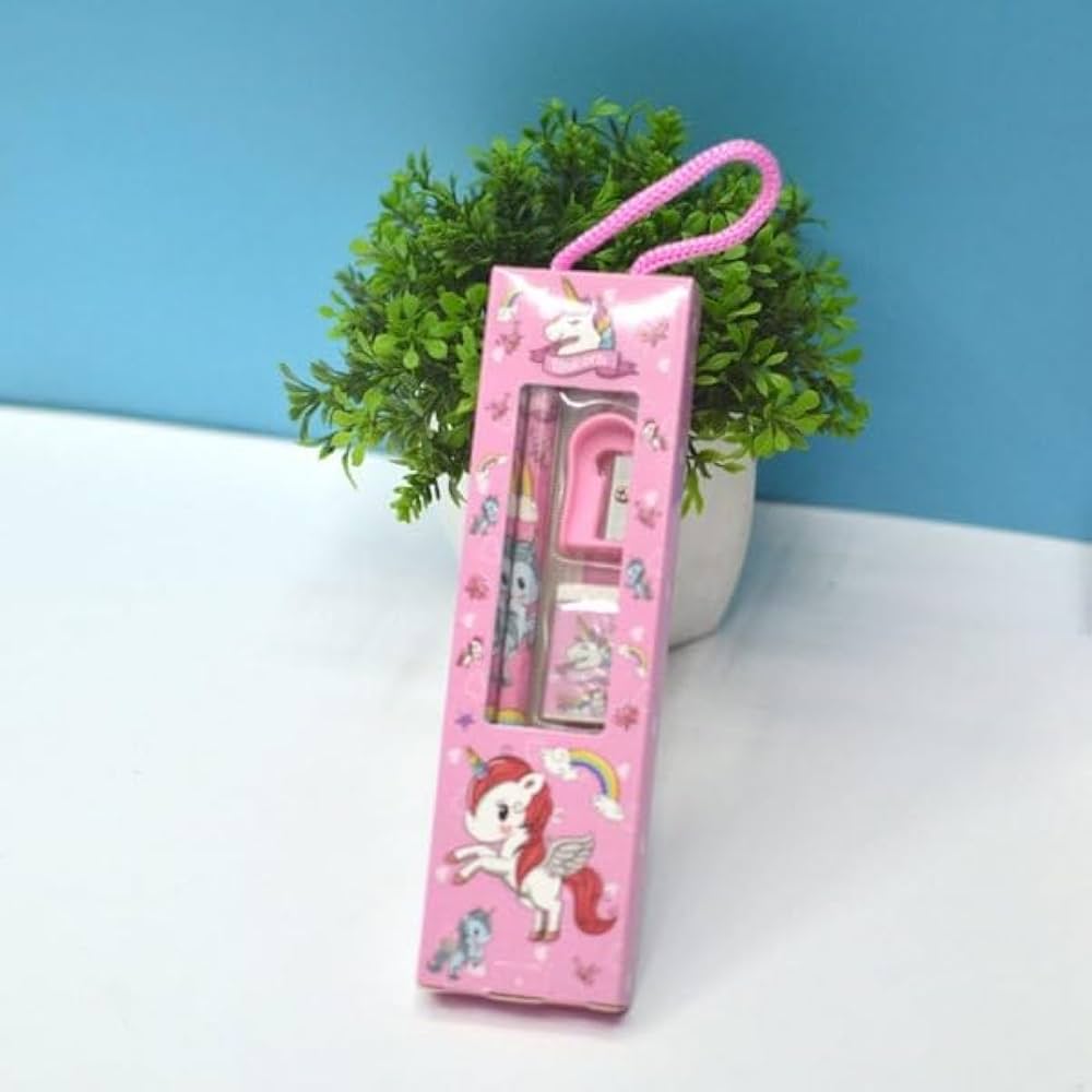 Unicorn pencil kit, 5 in 1 stationery set, unicorn stationery for girls, kids unicorn pencil set, magical school supplies, unicorn eraser and sharpener set, back to school unicorn kit, cute stationery combo, unicorn gift set for kids, unicorn pencil and ruler set

