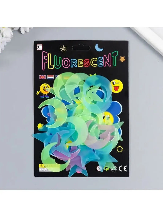 Glow in the dark stickers, luminous wall stickers, fluorescent kids bedroom décor, glow stars for ceiling, glow in dark decals, night light stickers for kids, glowing bedroom decorations, kids room glowing stickers, glow moon and stars, nursery glow stickers